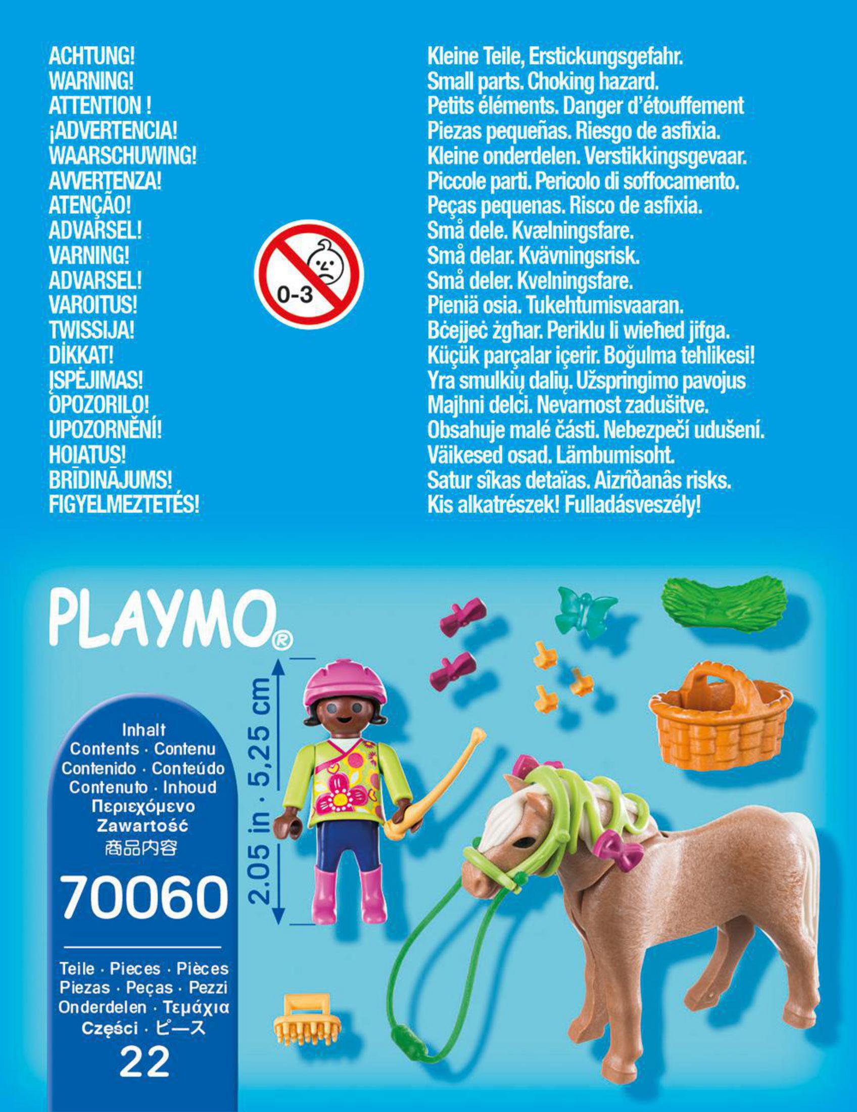 Zestaw Playmobil z dziewczynką, kucykiem i akcesoriami. Tekst w wielu językach jest wyświetlany.