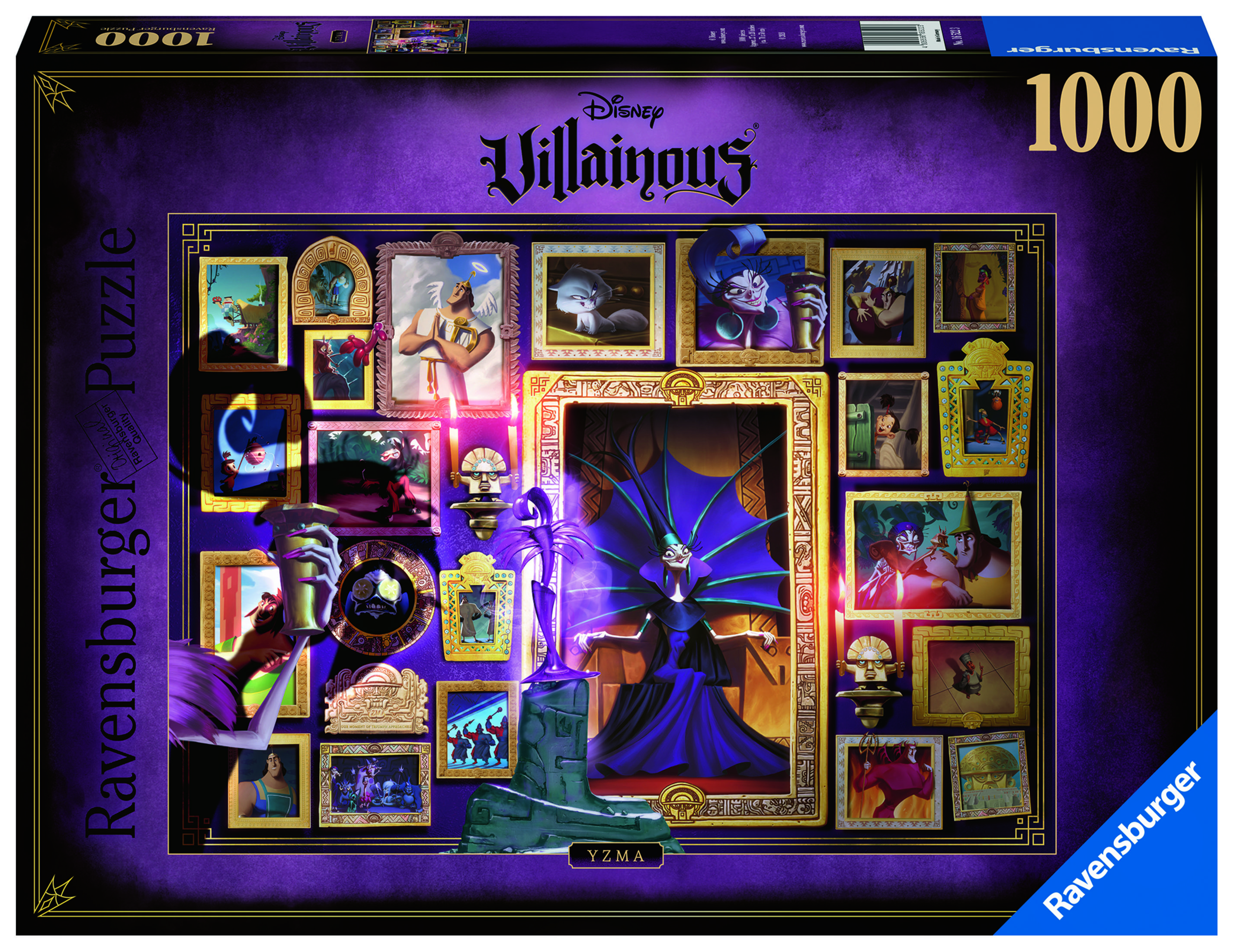 Scatola del puzzle Disney Villainous. Il puzzle mostra vari cattivi Disney. La scatola è viola.