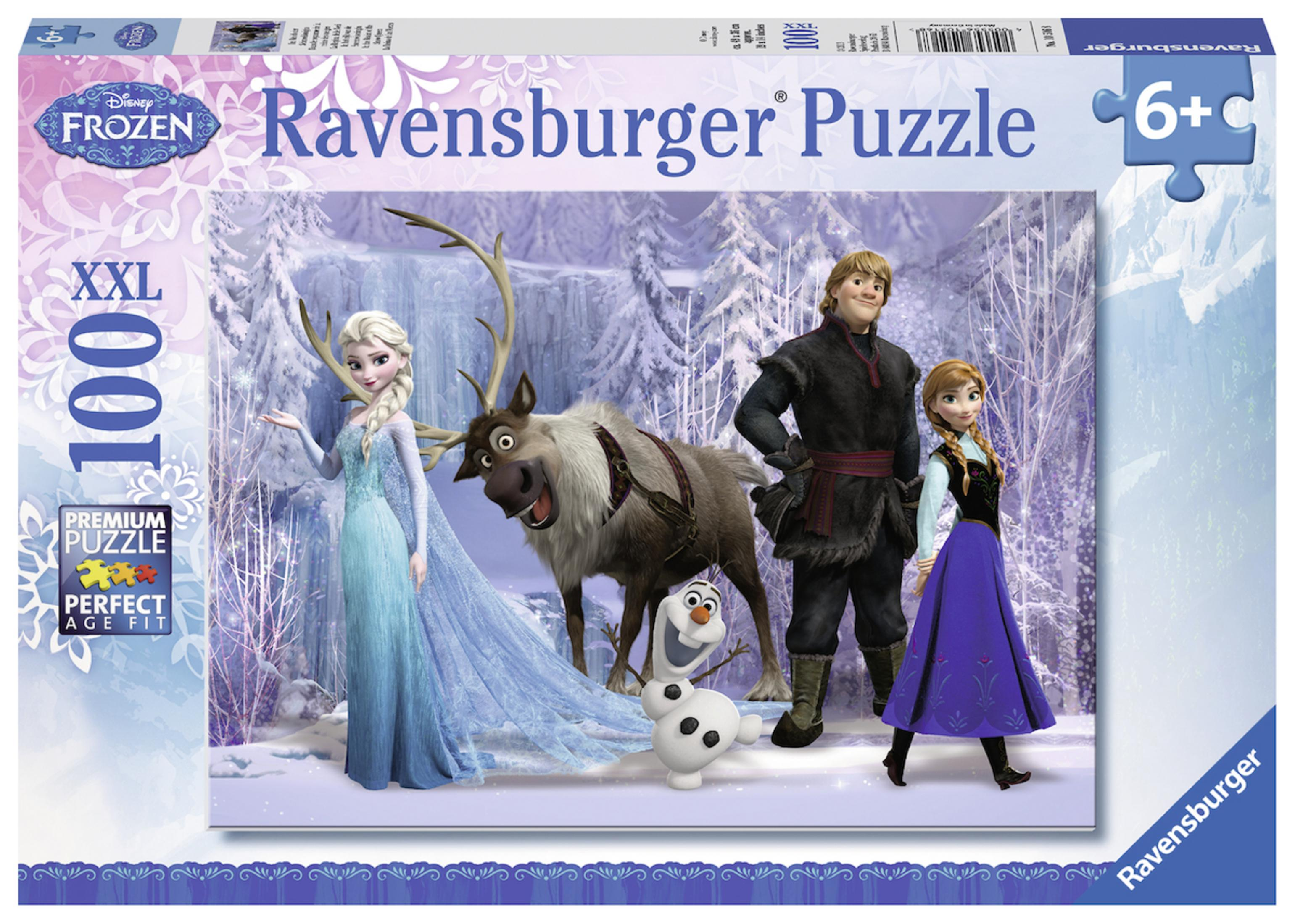 Pudełko z puzzlami Frozen. Elsa, Anna, Olaf i Kristoff w zaśnieżonej scenerii.
