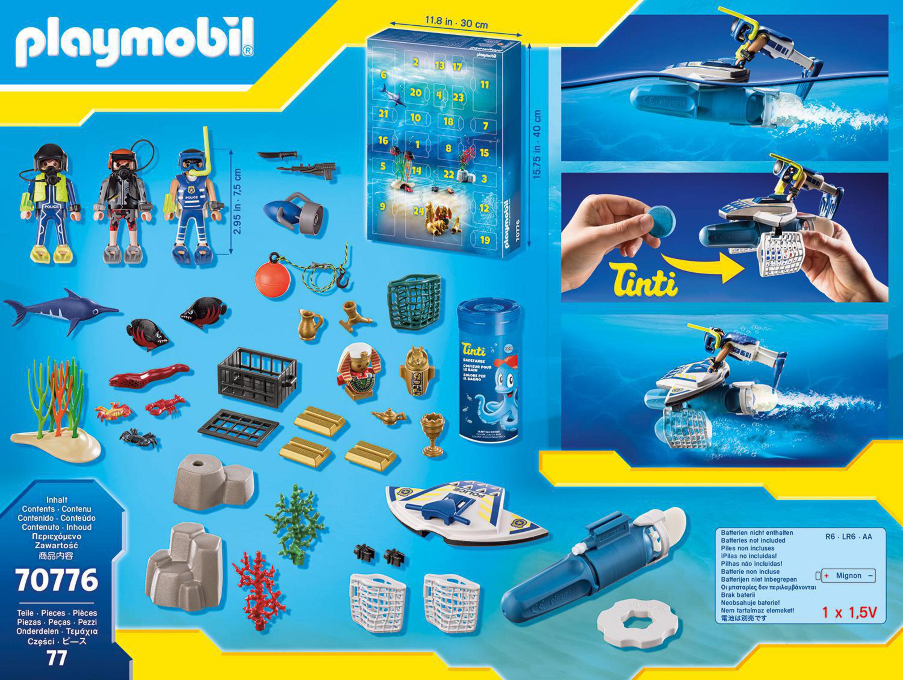 Playmobil Adventskalender mit Tauchthema. Enthält Figuren, ein U-Boot und diverses Unterwasserzubehör.