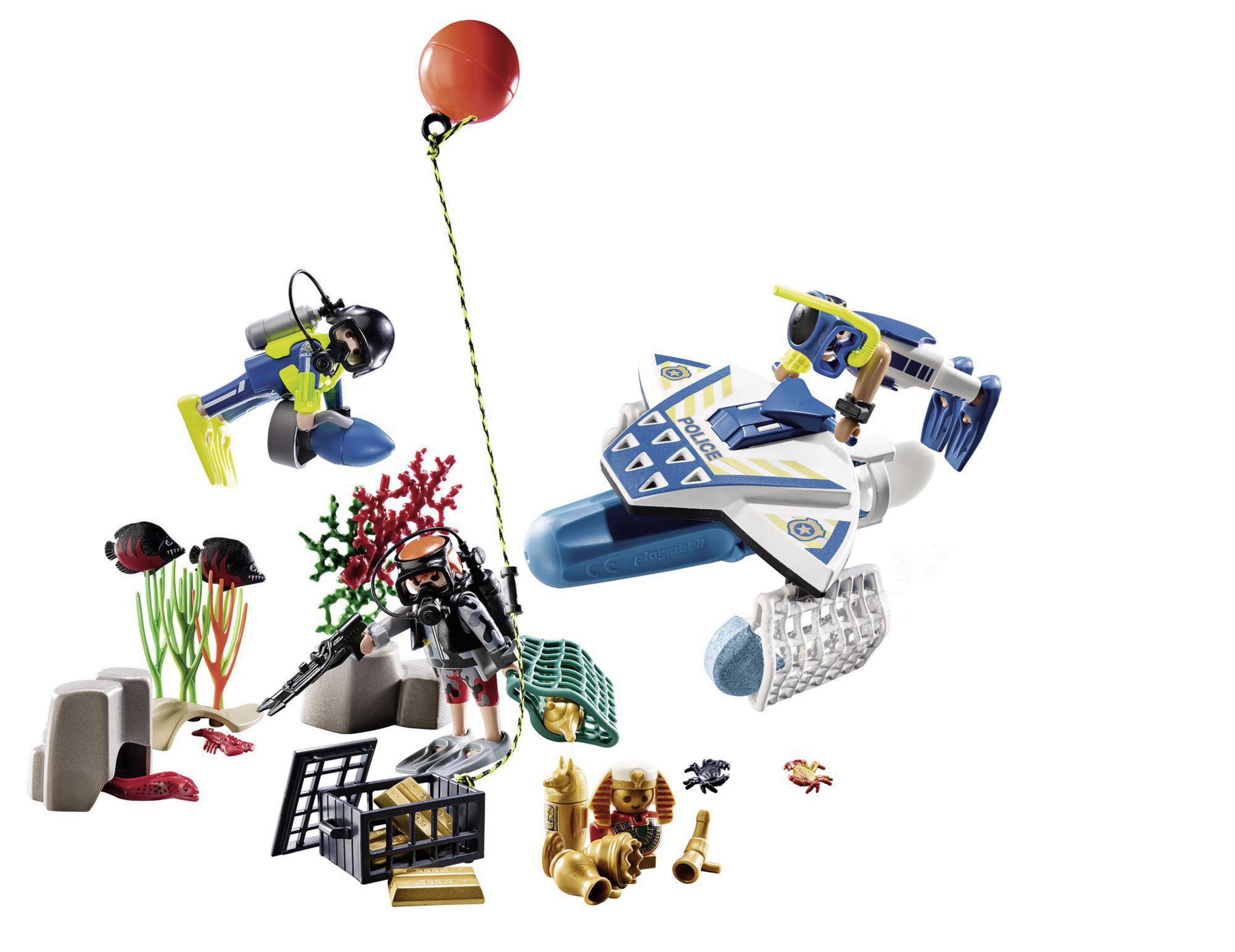 Eine Playmobil-Unterwasserszene mit Tauchern, einem U-Boot und Schätzen. Bunte Korallen und Fische sind sichtbar.