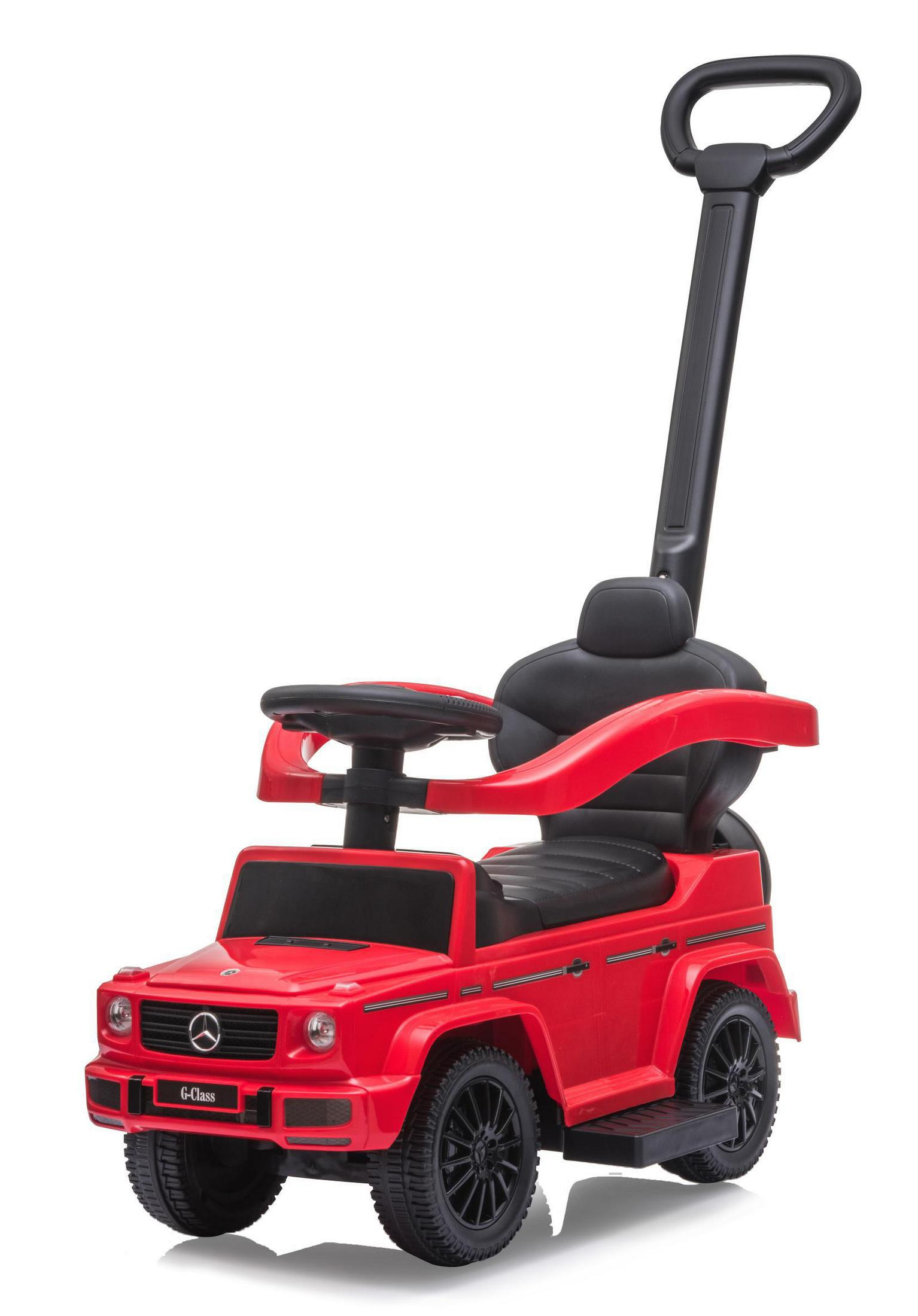 Rotes Spielzeugauto Mercedes-Benz G-Klasse mit schwarzen Rädern und Schiebegriff.