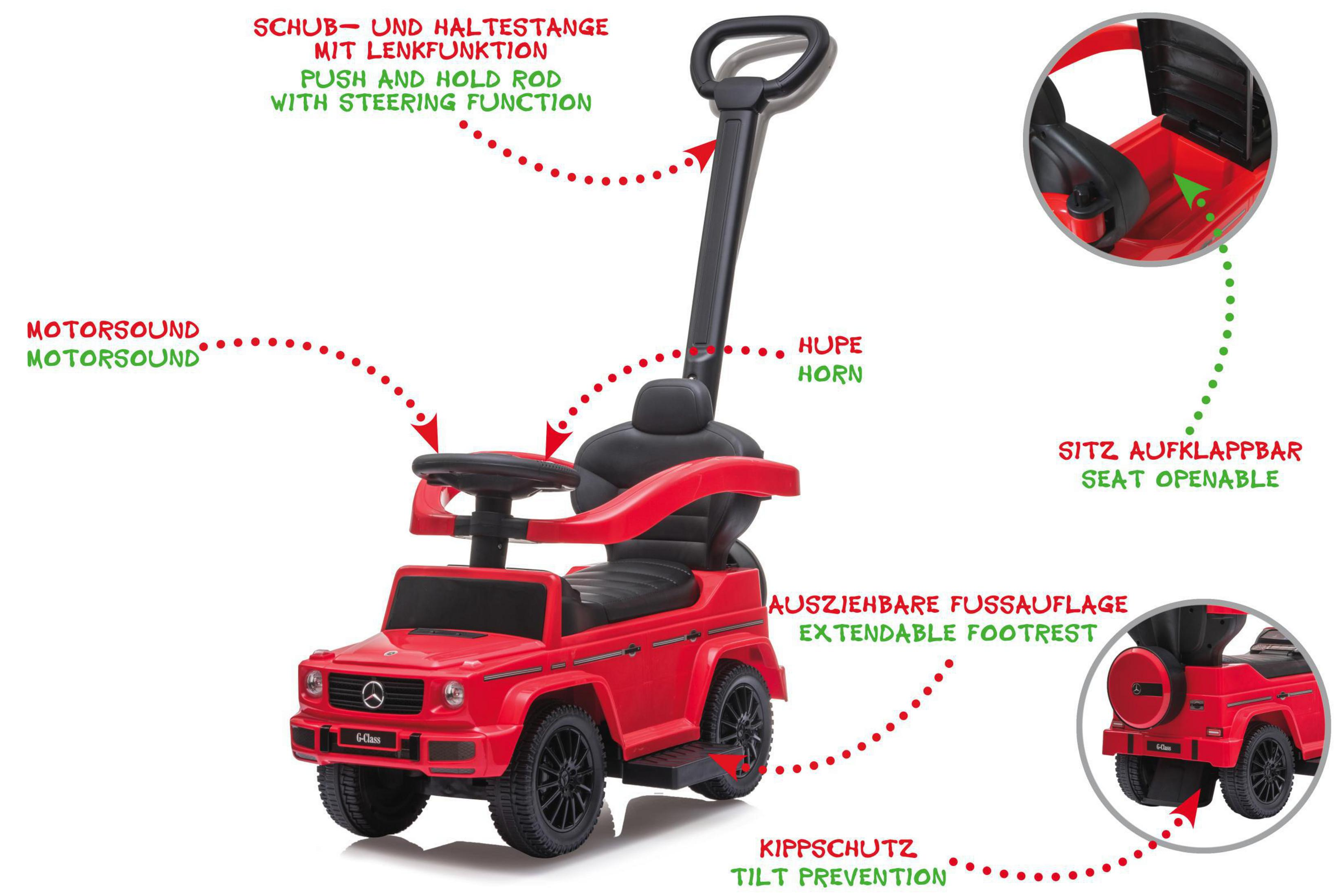 Ein rotes Spielzeugauto mit Griff. Es hat beschriftete Teile und ist für Kleinkinder konzipiert.