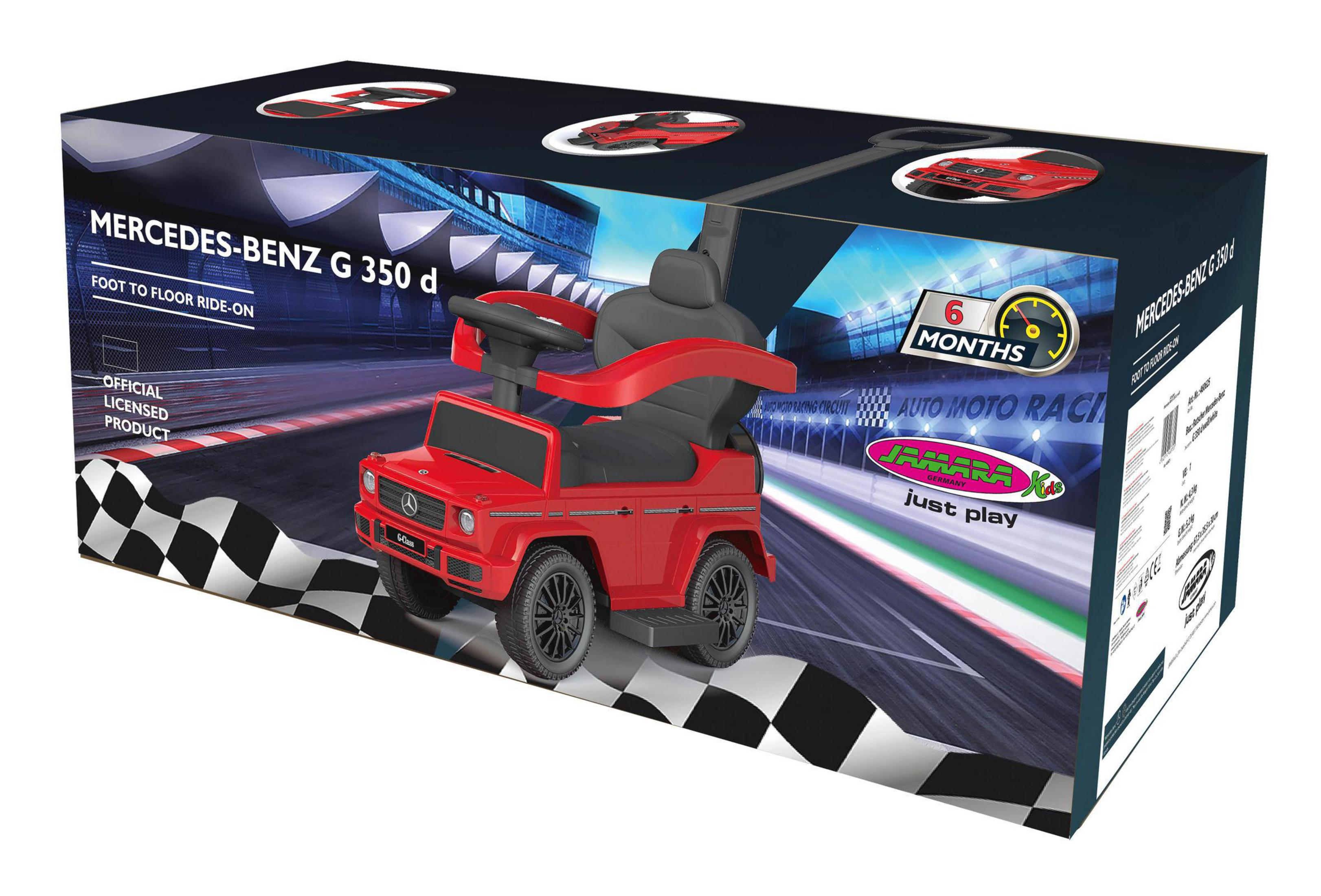 Ein rotes Mercedes-Benz G 350 d Spielzeugauto zum Aufsitzen in einer Box mit Rennstreckendesign.