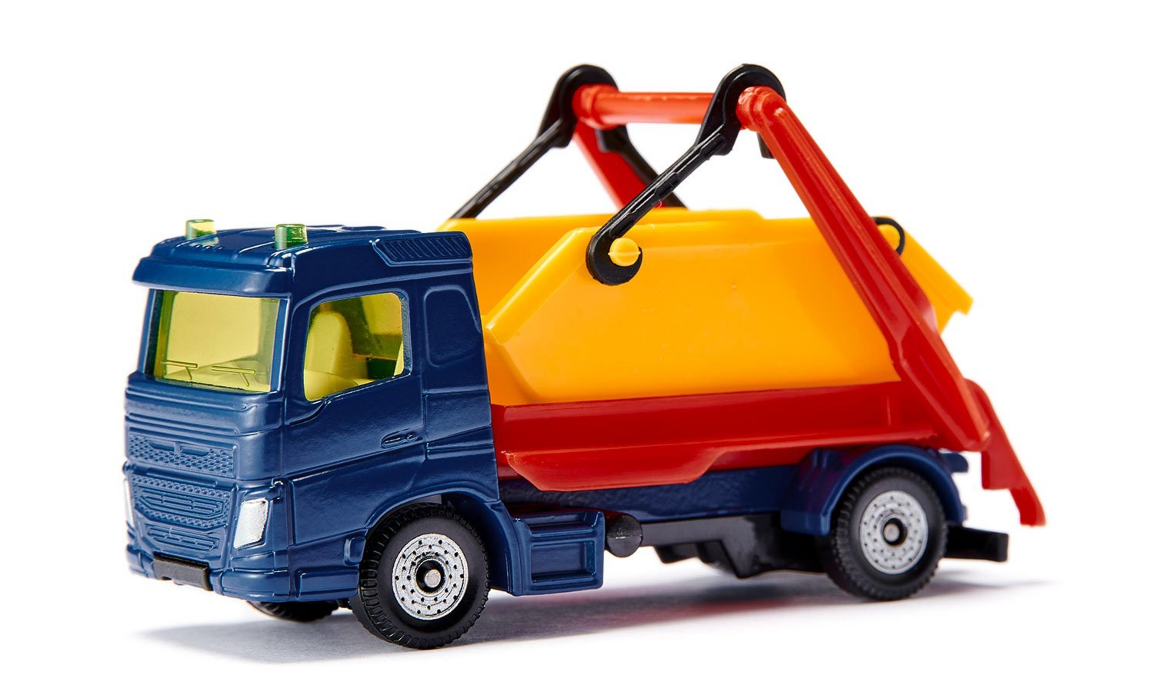 Ein blauer Spielzeug-LKW mit einem gelben Container. Der LKW steht auf weißem Hintergrund.