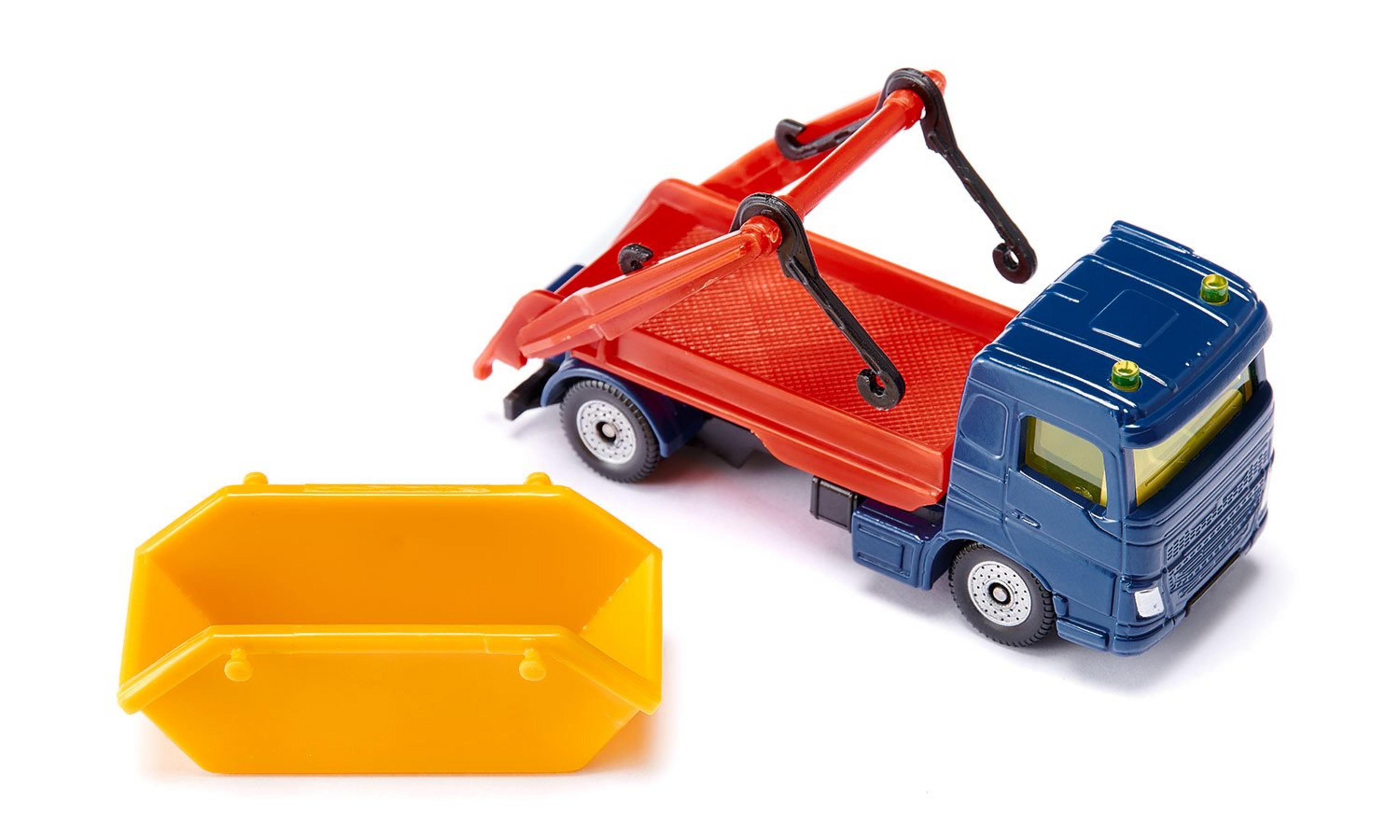Ein Spielzeug-LKW mit einem gelben Container. Der LKW ist blau, der Container ist gelb und rot.