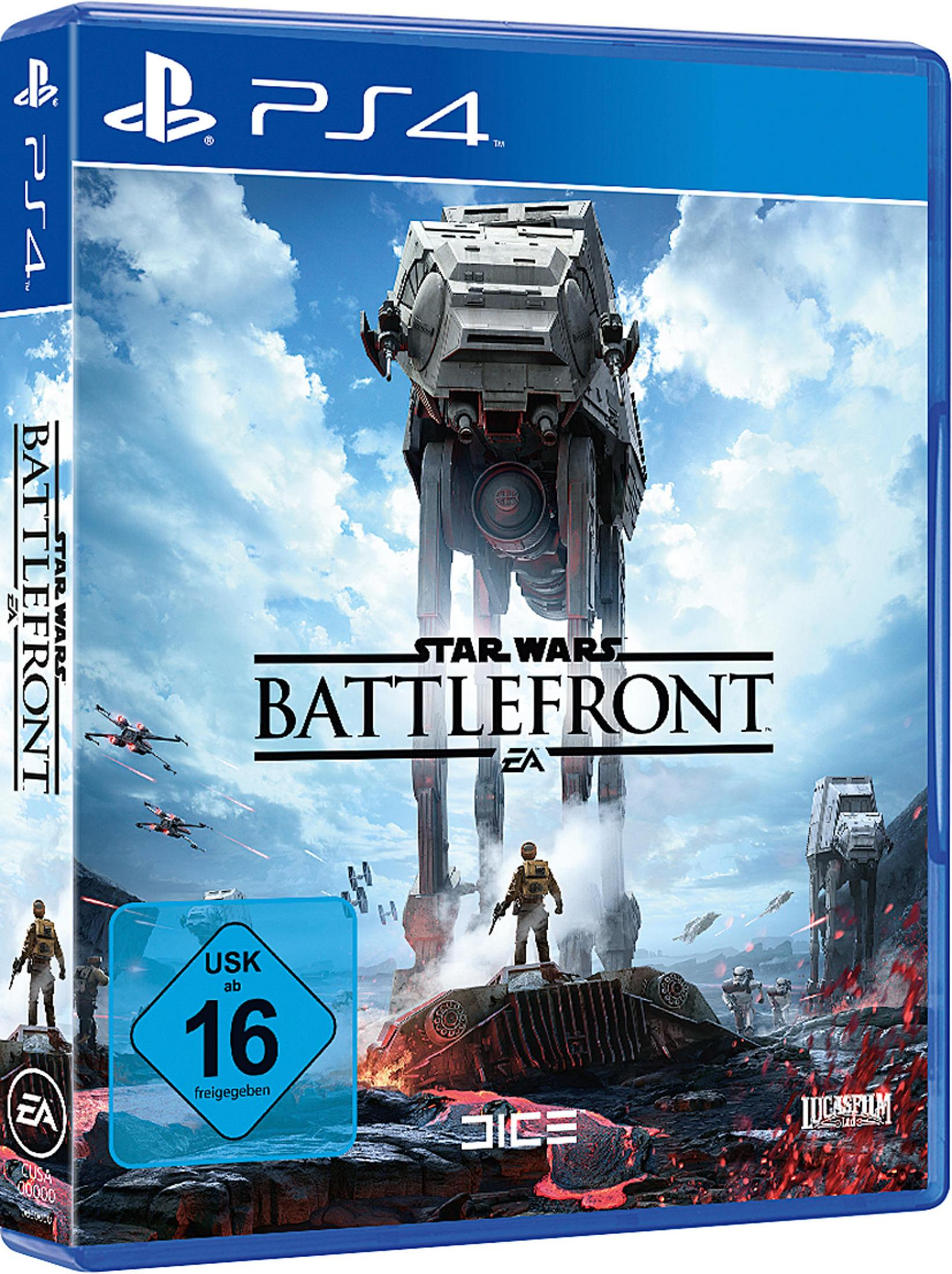 Eine PS4-Spielbox zeigt eine Star Wars-Szene mit Läufern und Soldaten an einem bewölkten Tag.