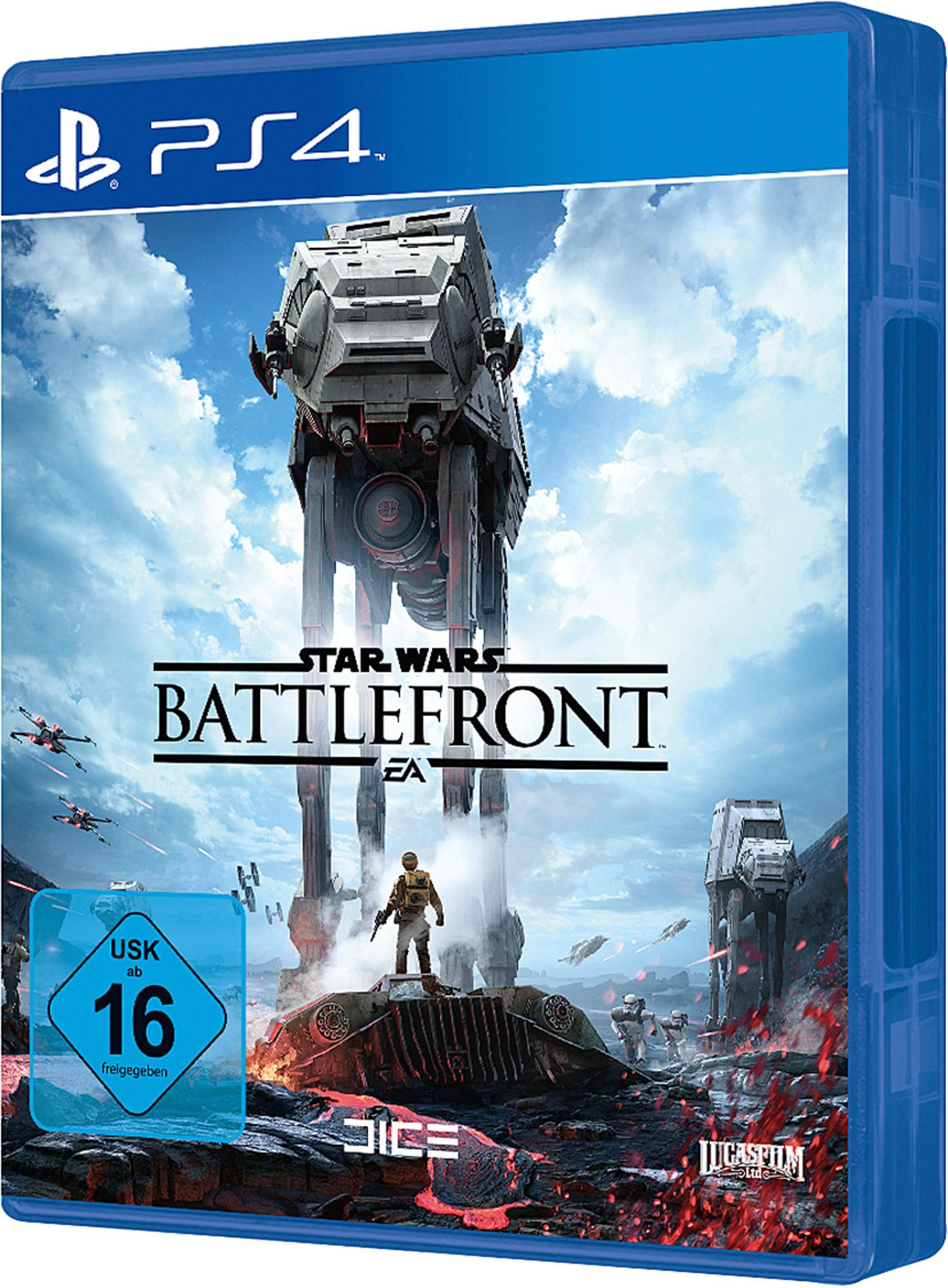 PS4-Spielhülle für Star Wars Battlefront. Zeigt einen AT-AT-Walker auf einem schneebedeckten Planeten.
