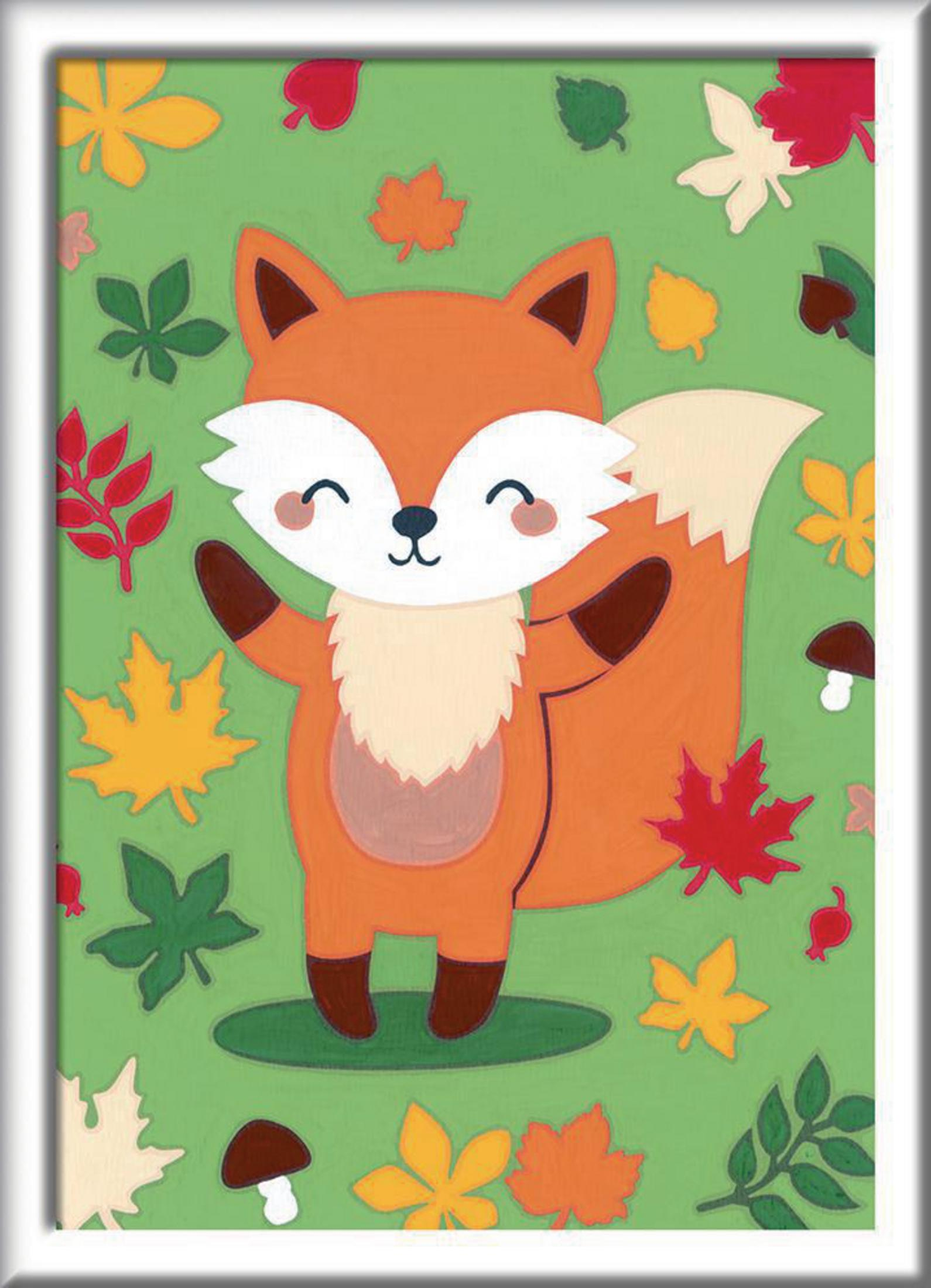 Ein Cartoon-Fuchs mit Herbstblättern auf grünem Hintergrund, weiß gerahmt.