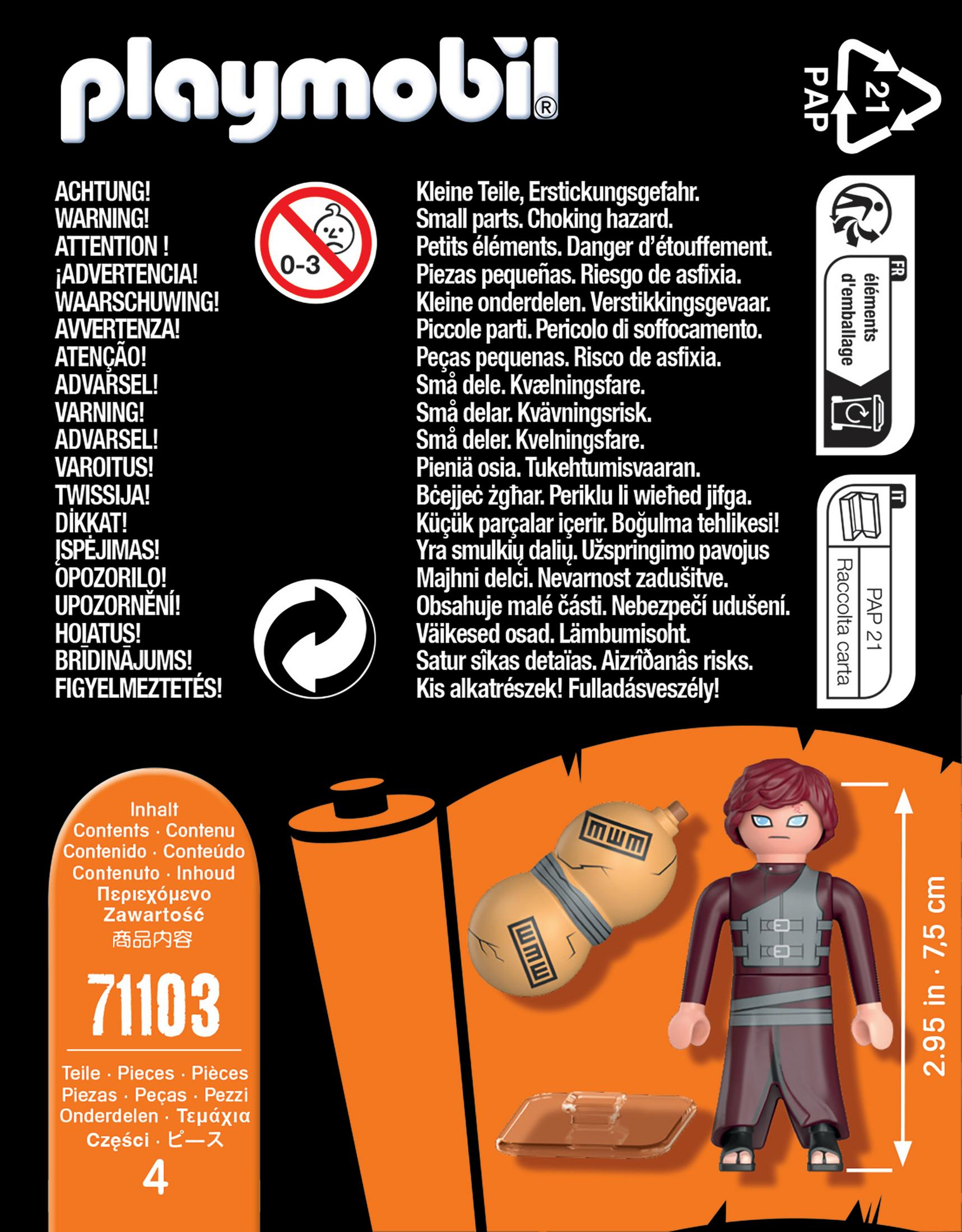 Rückseite einer Playmobil-Box mit Text und Produktinformationen. Es hat eine kleine Figur und Zubehör.