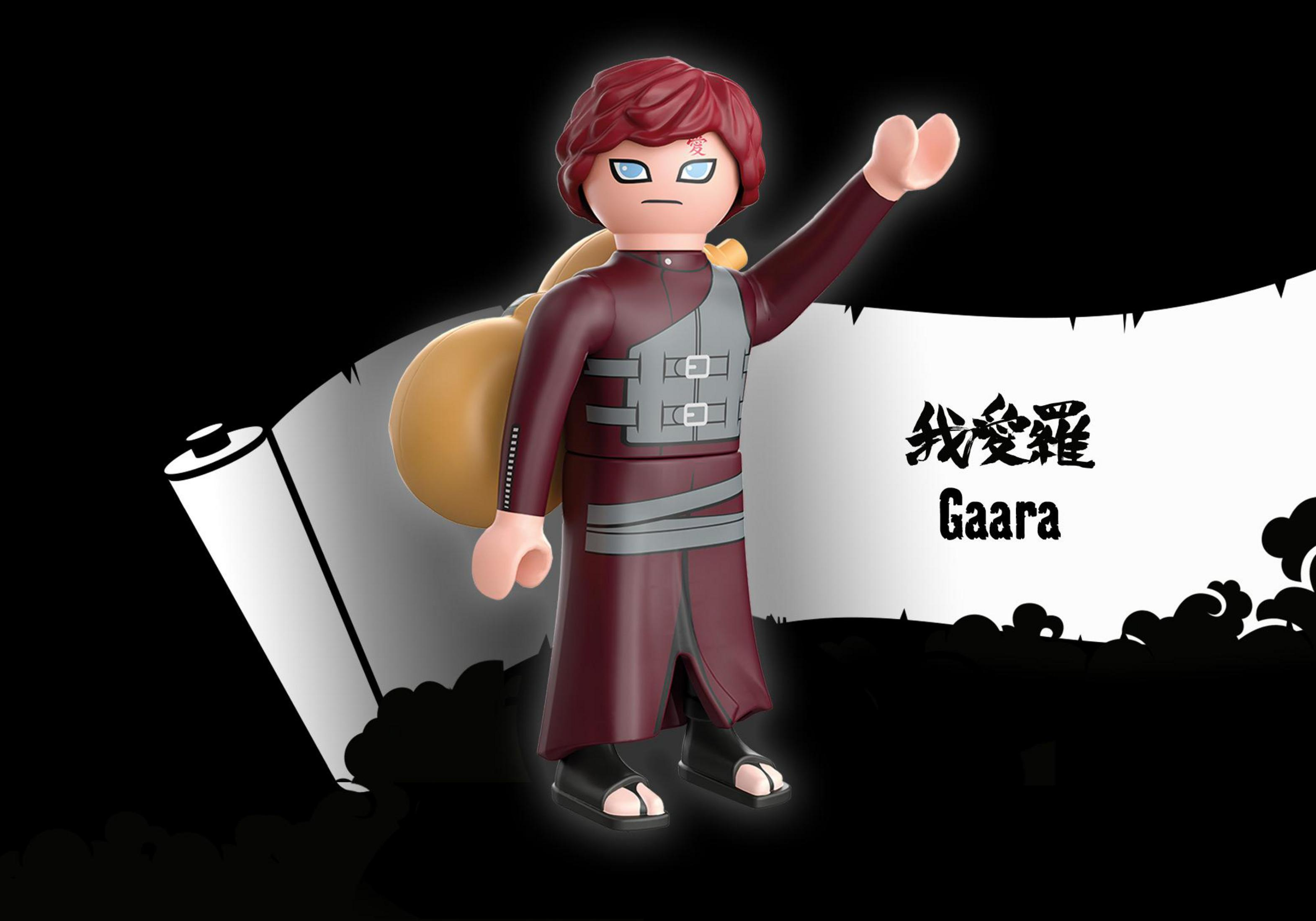 Playmobil Gaara Figur mit einer Sandkürbis. Schwarzer Hintergrund mit einer Schriftrolle.