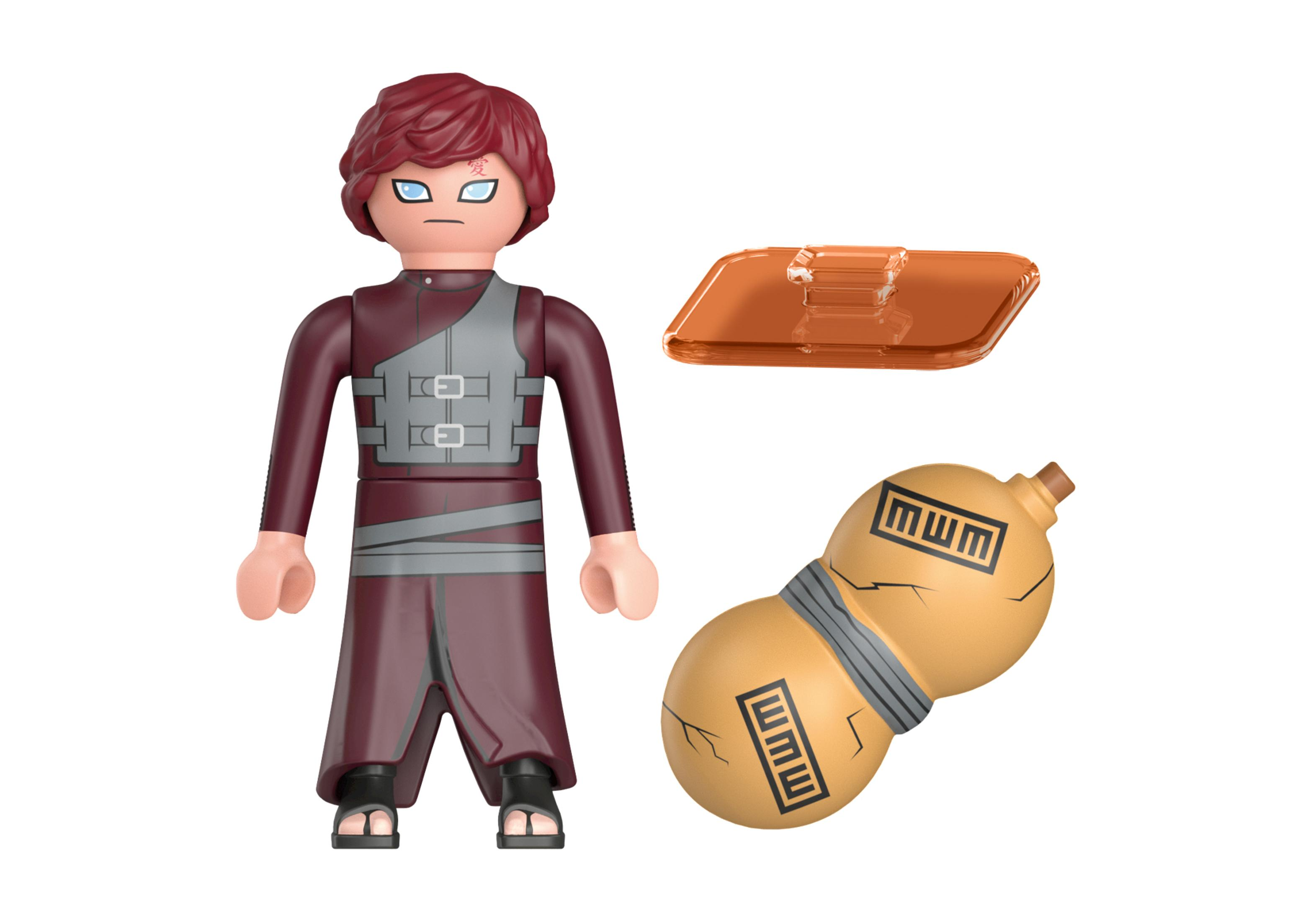 Eine Naruto-Figur mit Zubehör: eine Kalebasse und eine transparente Basis. Die Figur trägt Rot.