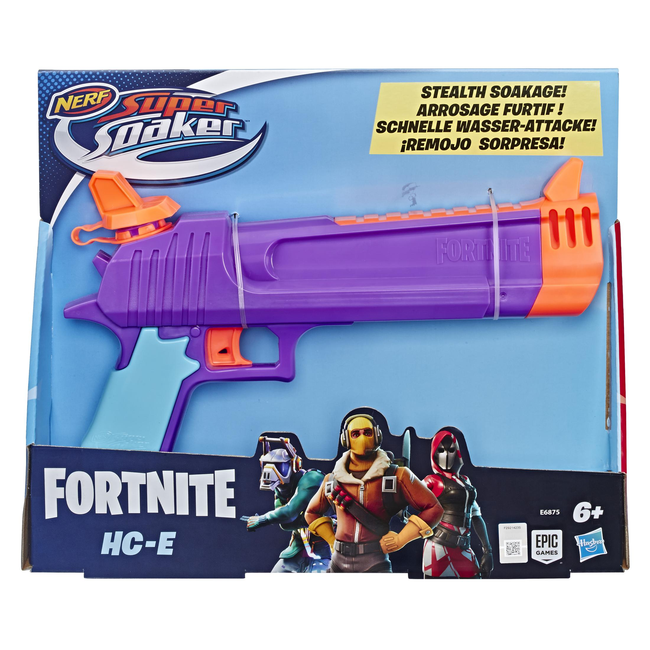 Fortnite HC-E Nerf Super Soaker Wasserpistole in Originalverpackung mit Charakteren.