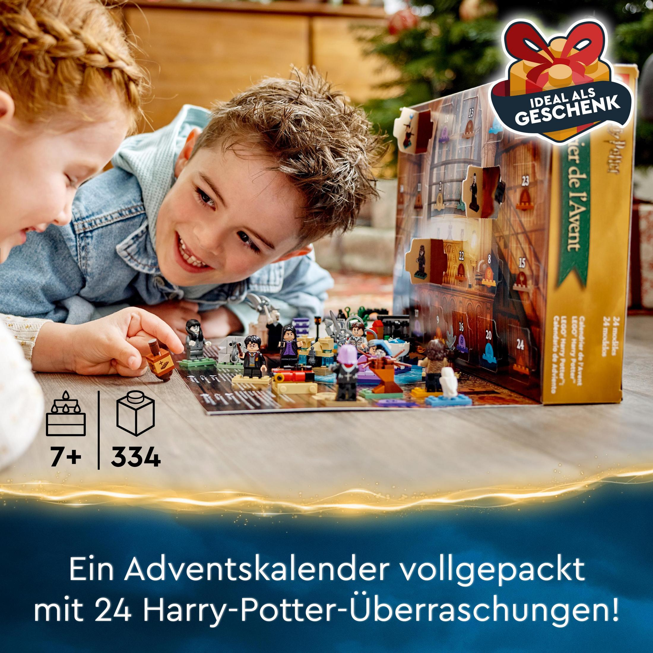 Adventskalender met Lego Harry Potter-personages, een doos met de tekst 'Ideal als Geschenk'.