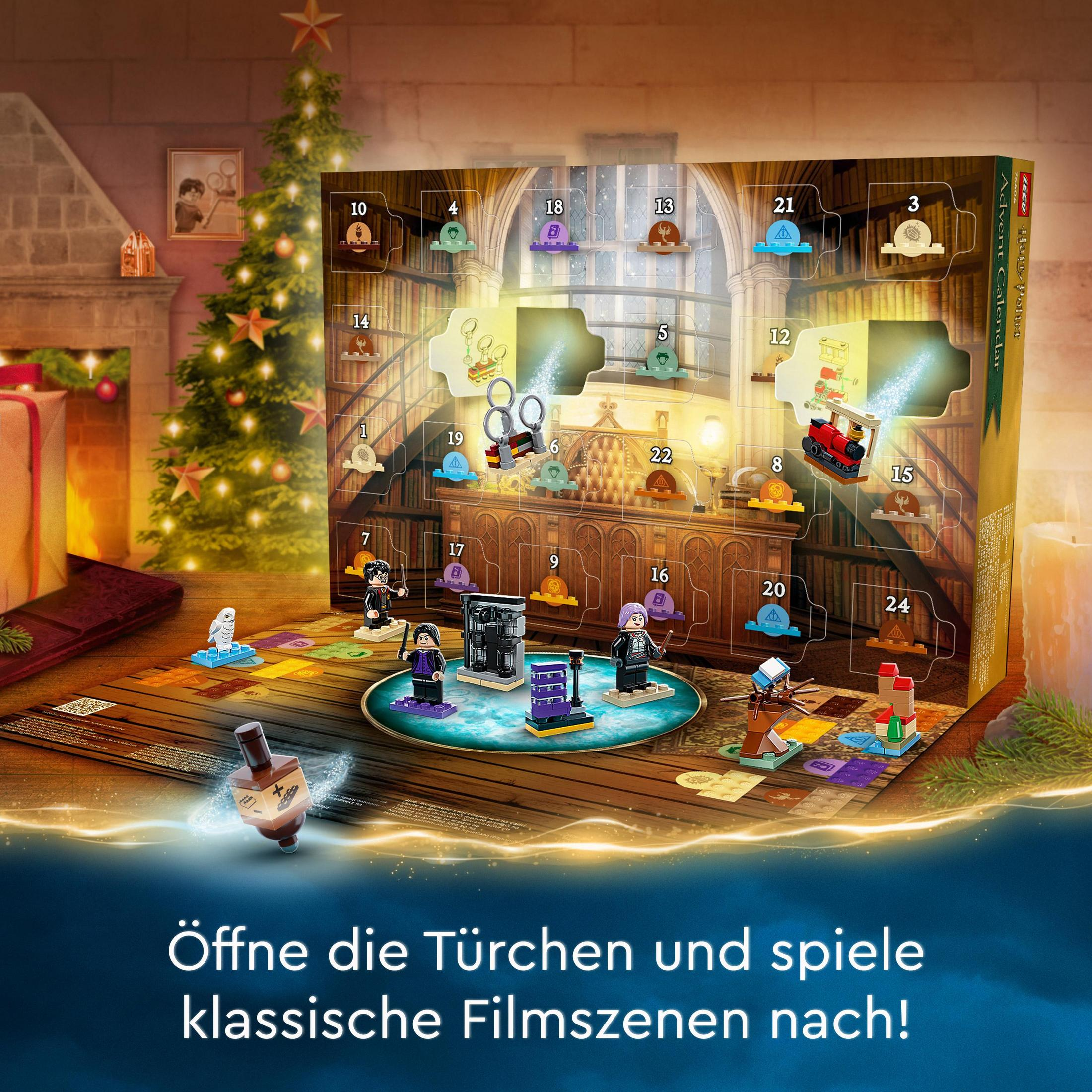 Een adventskalender met een Harry Potter-scène met figuren en genummerde deuren wordt weergegeven.