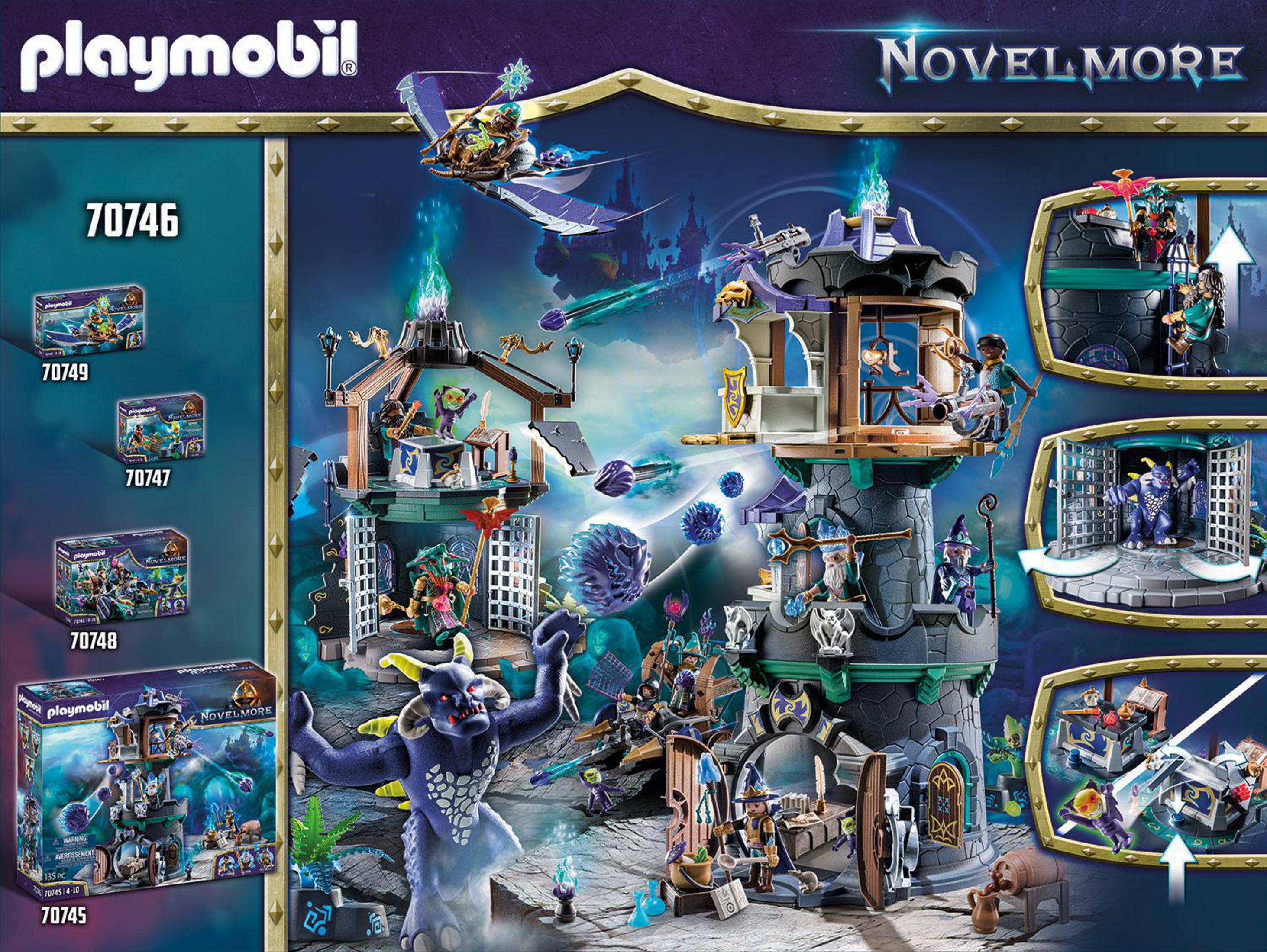 Set Playmobil Novelmore castello con personaggi, scatole e struttura del castello con dettagli.