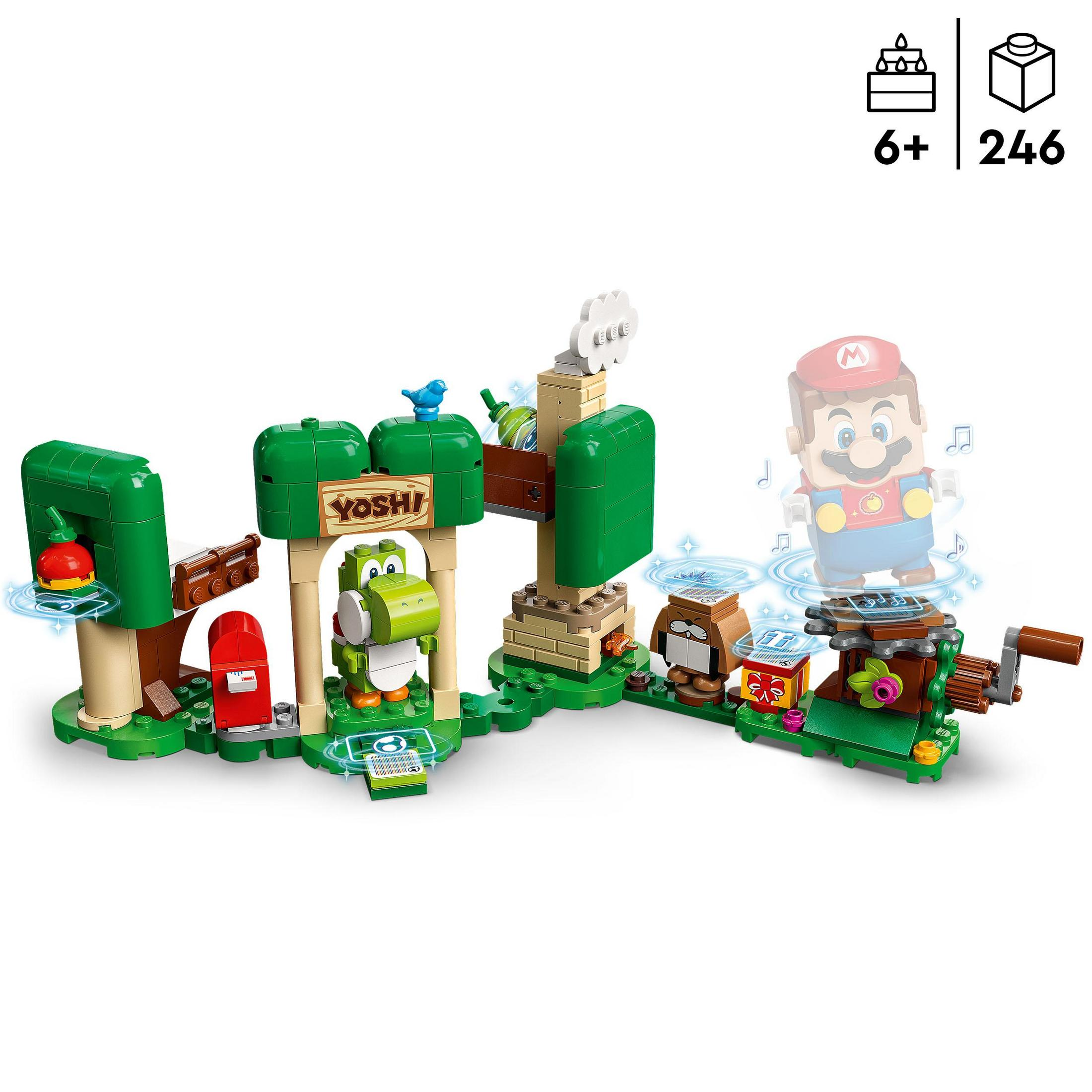 Een Lego-set met Yoshi en een Mario-figuur. Groene en bruine structuren zijn in de scène.