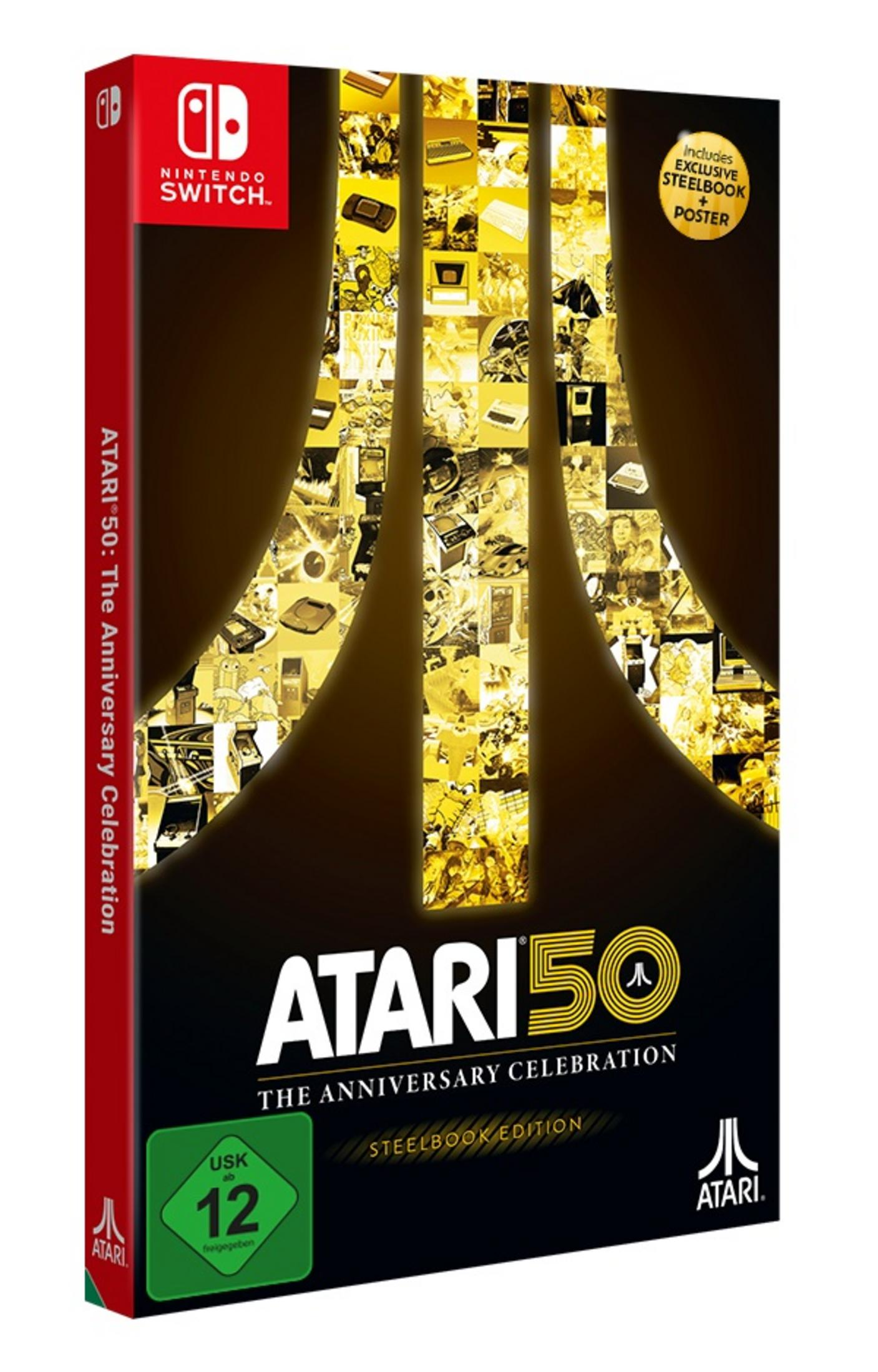 Nintendo Switch-Spielbox mit dem Titel 'ATARI 50' und einer Sammlung von Spielbildern, Steelbook-Edition.