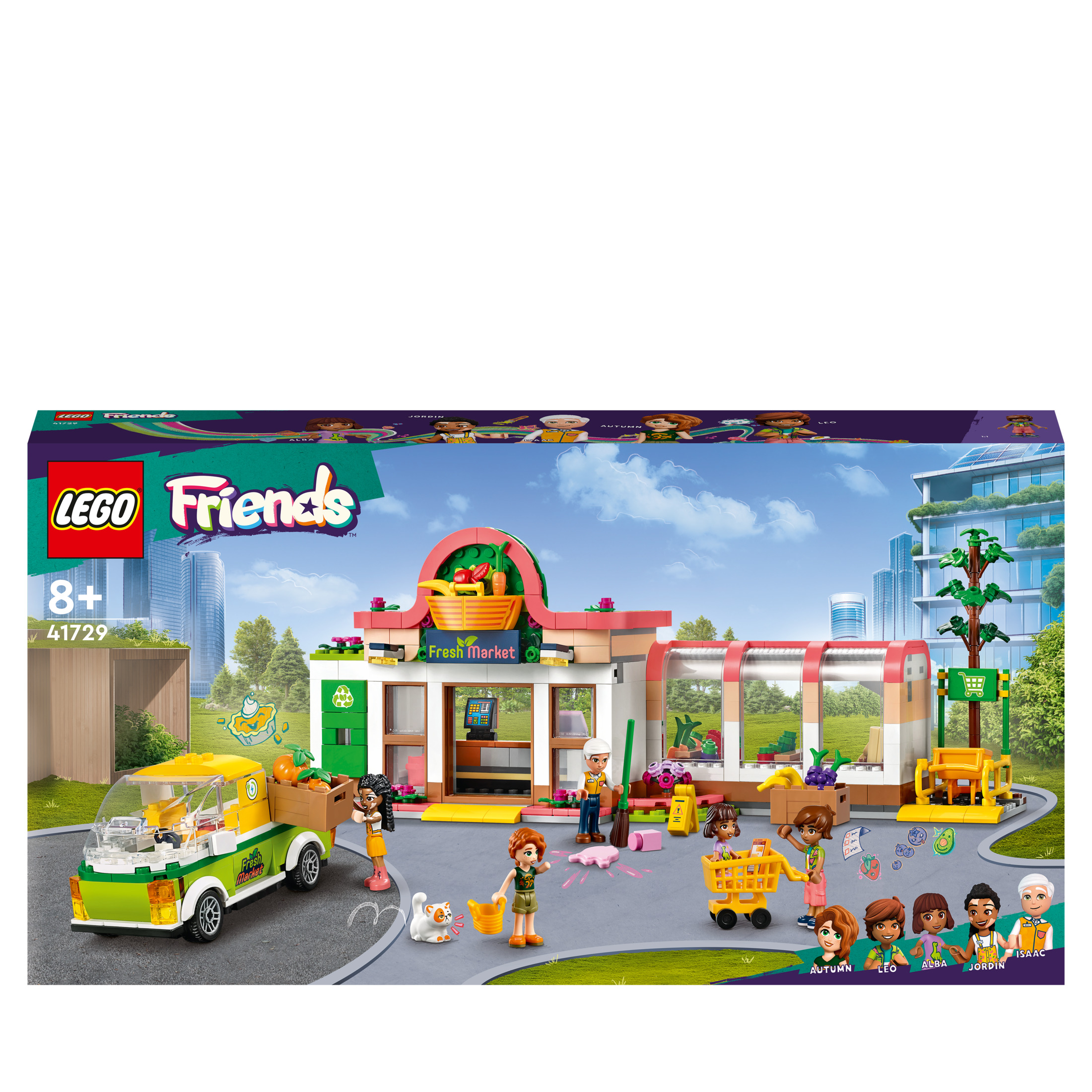 Lego Friends-Set: Frischer Markt mit LKW, Figuren und Zubehör. Menschen beim Einkaufen und Spielen.