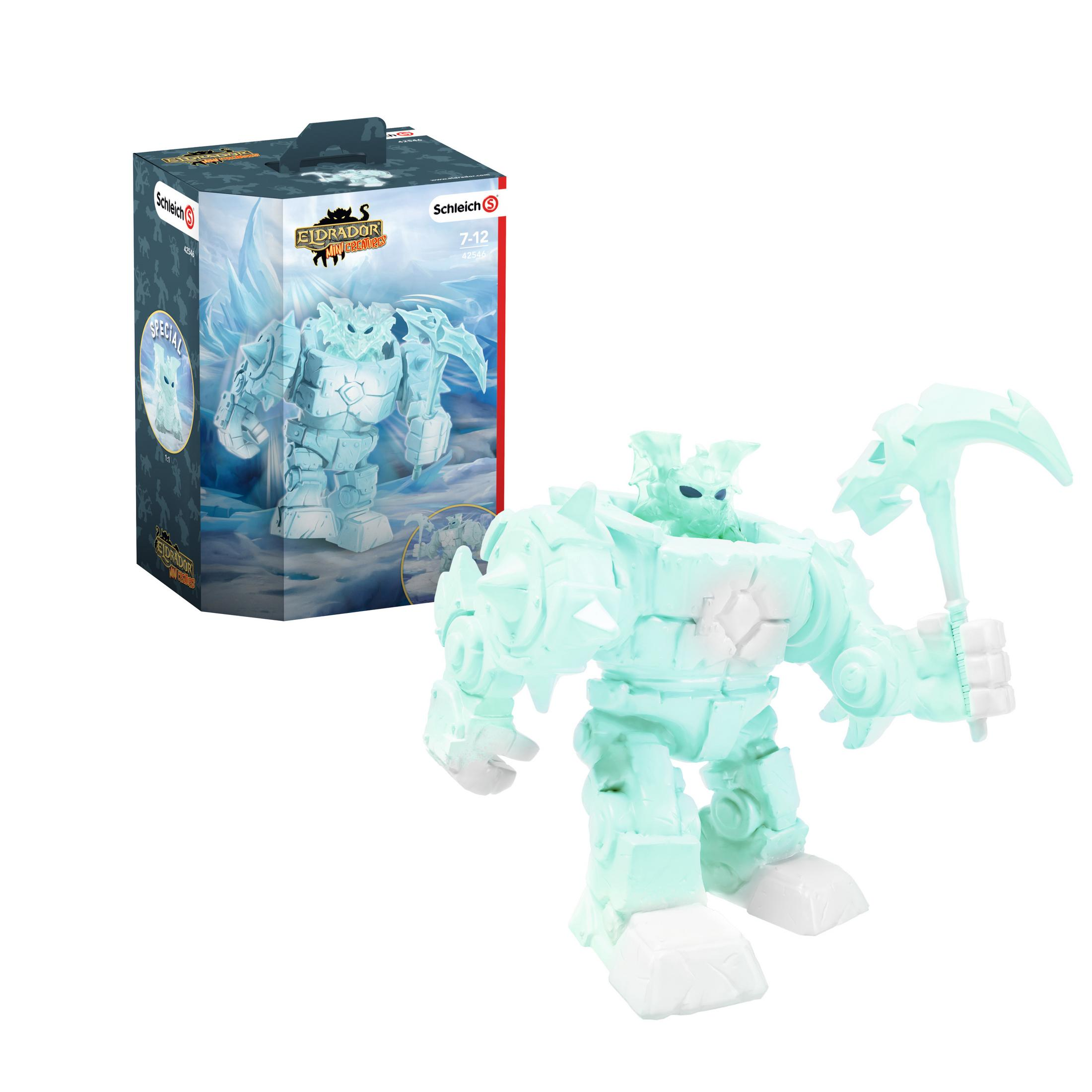 Eine Spielfigur eines blauen Eis-Monsters, das eine Waffe hält. Mit einer Box, die das Monster zeigt.