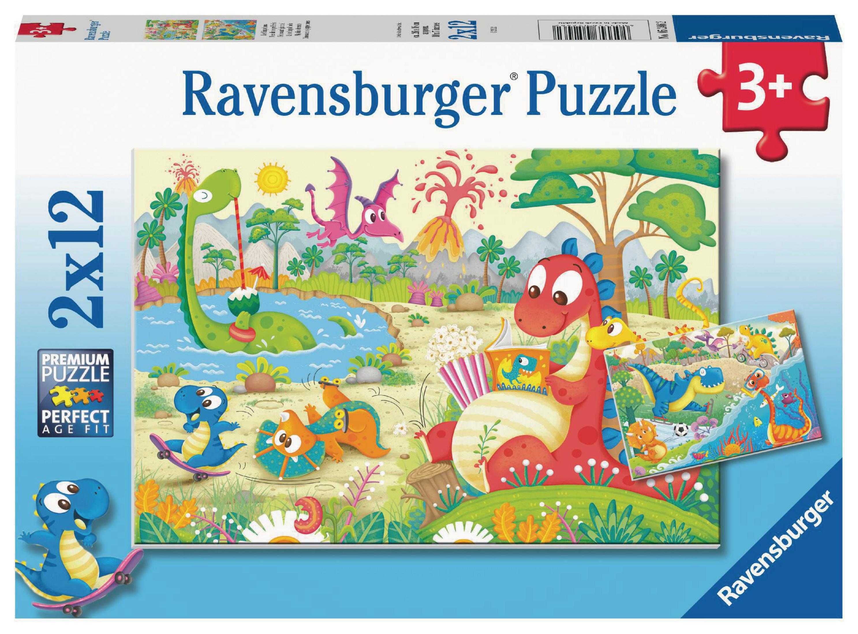 Pudełko z puzzlami Ravensburger. Dinozaury na kolorowym krajobrazie, elementy puzzli.