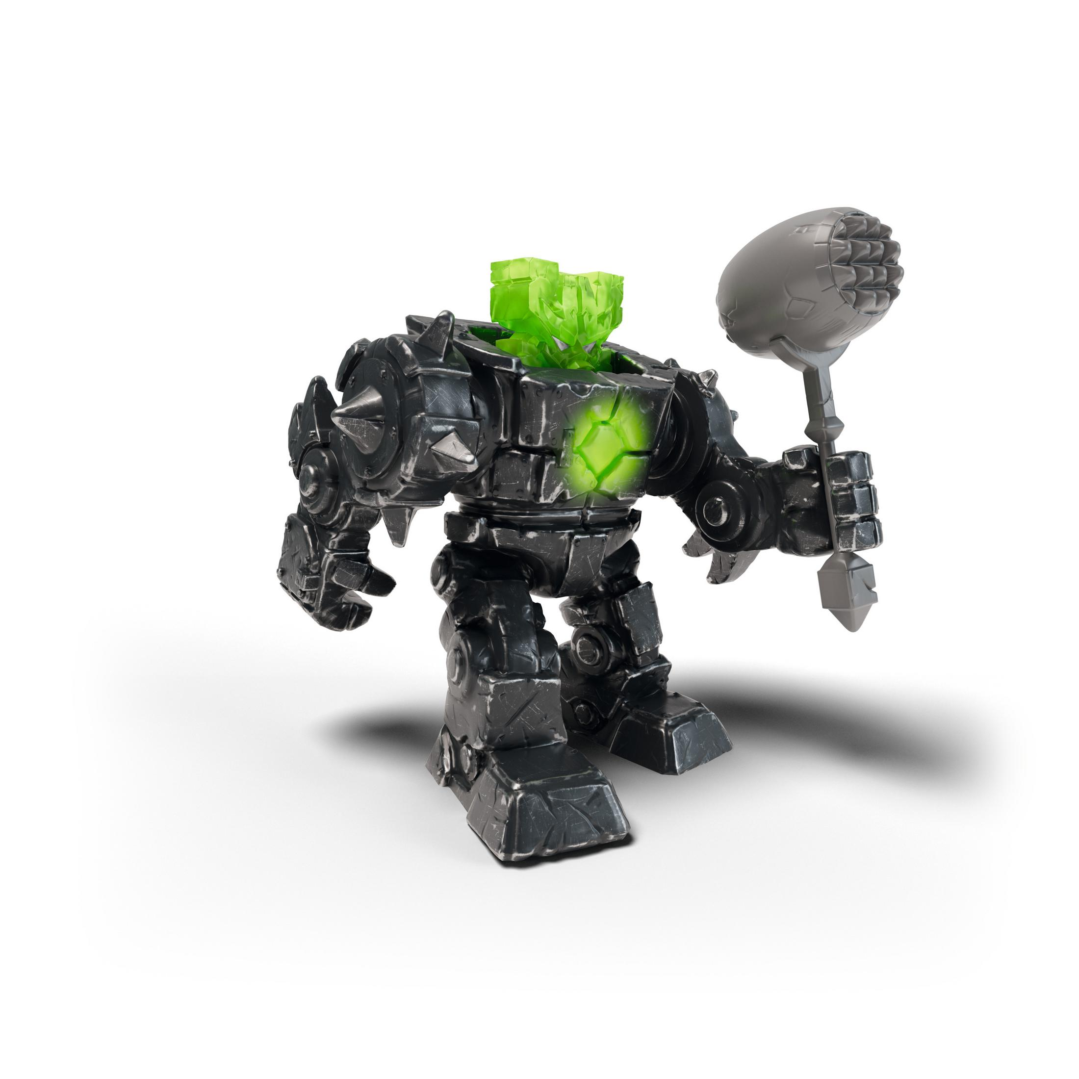 Giocattolo robot nero con luce verde, tiene un martello, sfondo bianco.