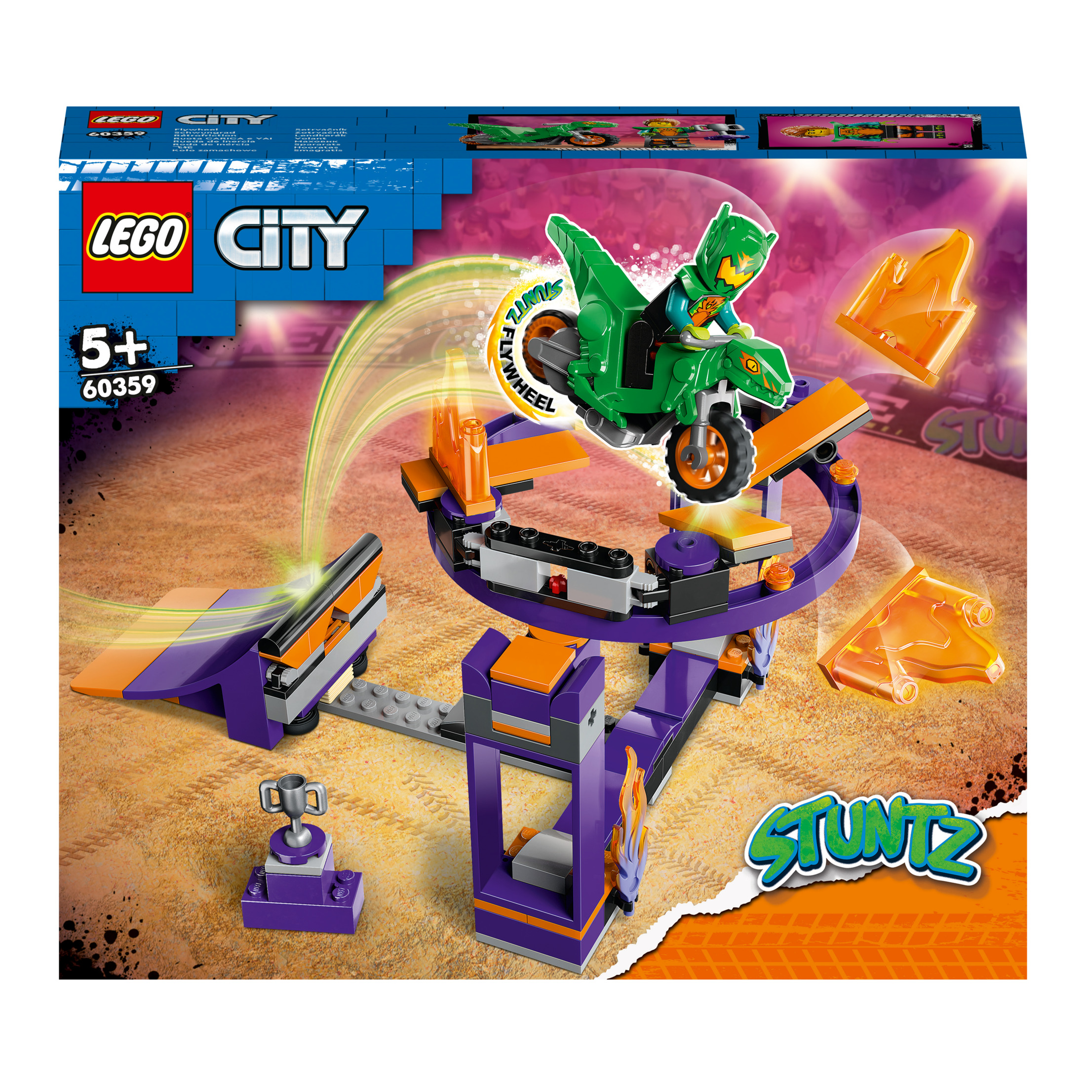 Een Lego City Stuntz-set wordt getoond. Het heeft een groene stuntfiets op een helling met een paarse basis.