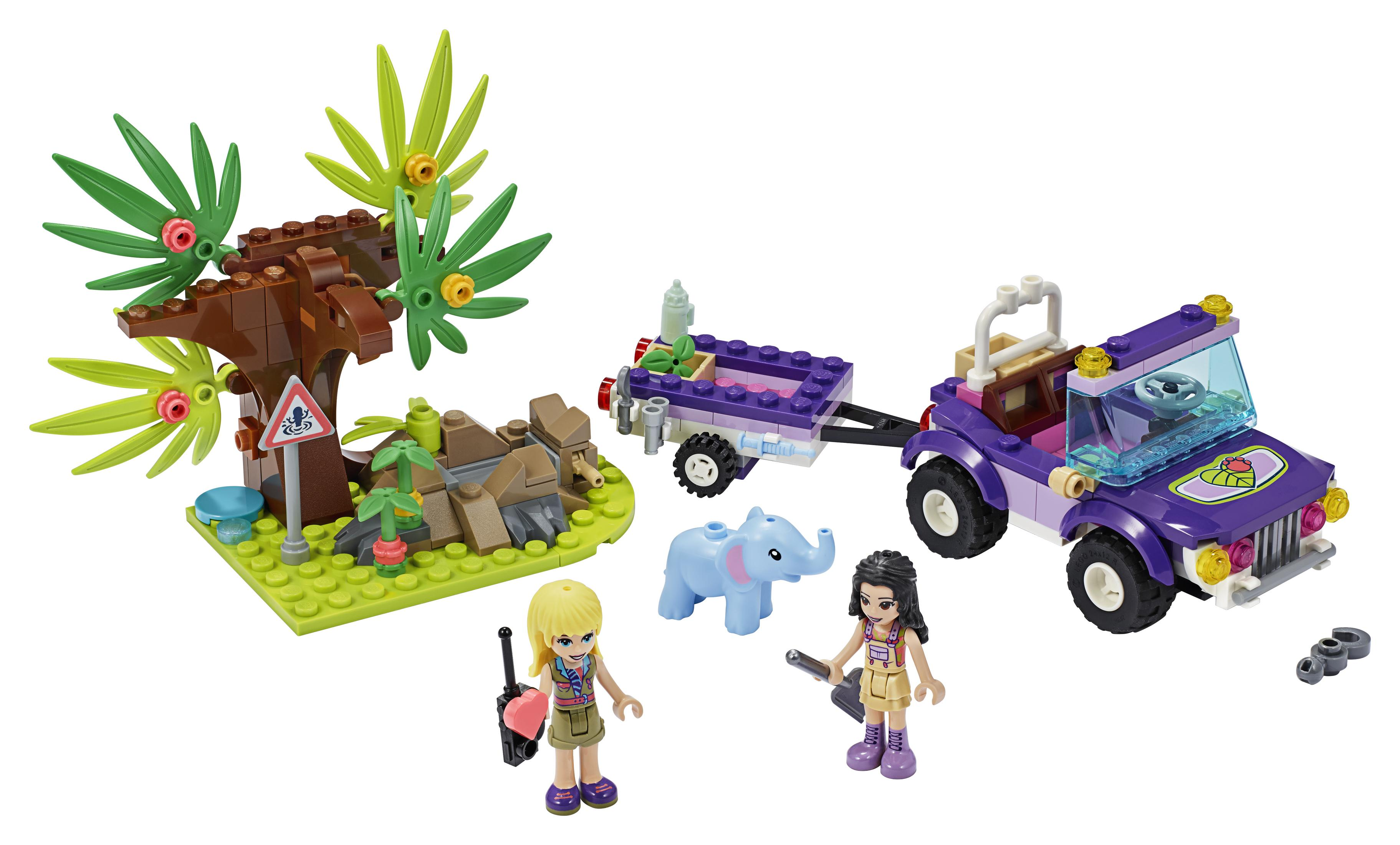 Ein Lego Friends Set mit einem lila Jeep, Figuren, einem Elefanten und einem Baum mit Warnschild.