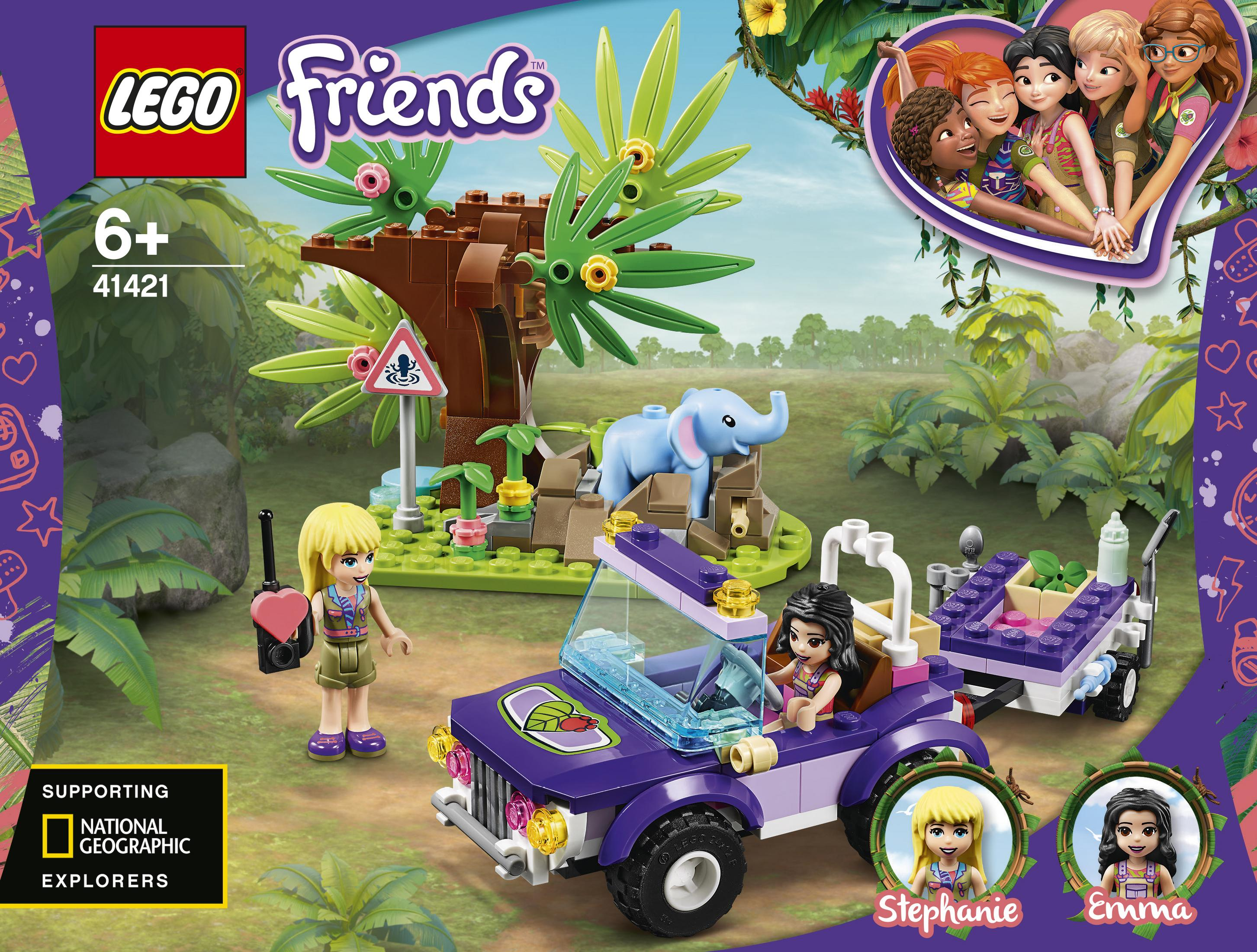 Ein LEGO Friends Set mit Jeep, Elefant, Figuren und Dschungel-Hintergrund.