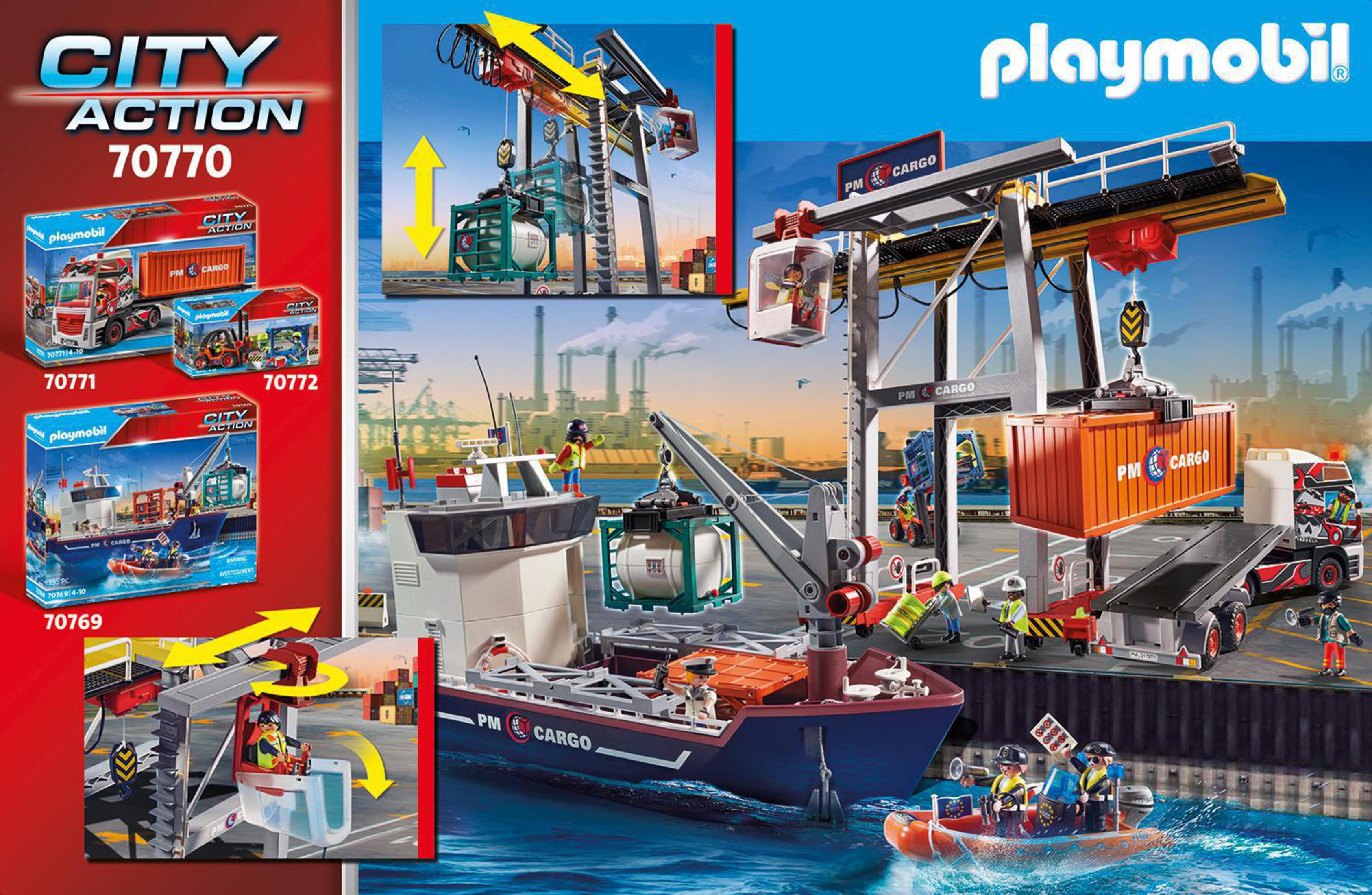 Playmobil-Spielset mit einer Hafenszene mit Kran, Schiff, Arbeitern und anderen Elementen.