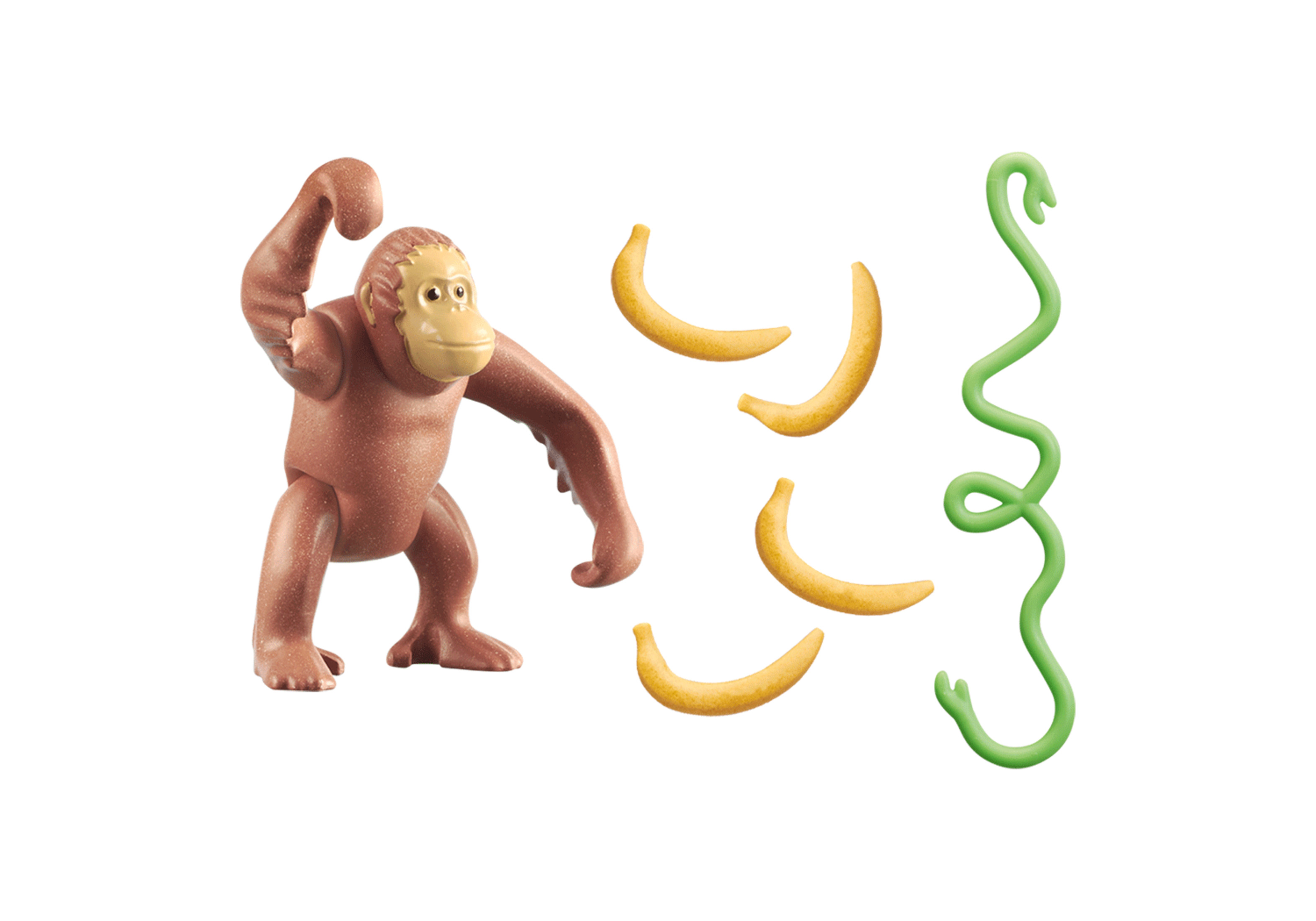 Ein Spielzeug-Orang-Utan mit Bananen und einer grünen Ranke auf weißem Grund.