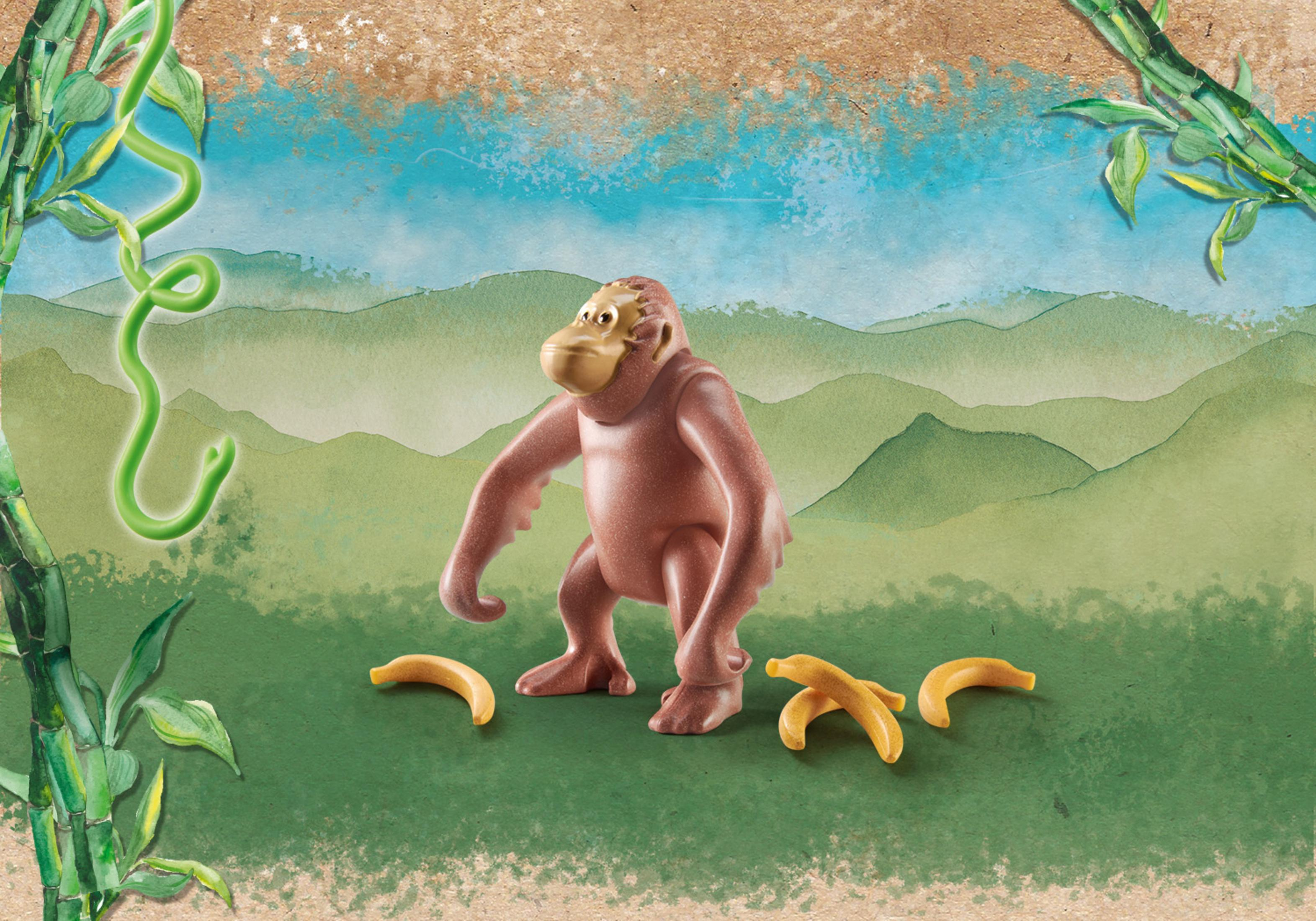 Eine Playmobil-Orang-Utan-Figur mit Bananen, vor Dschungel-Hintergrund.