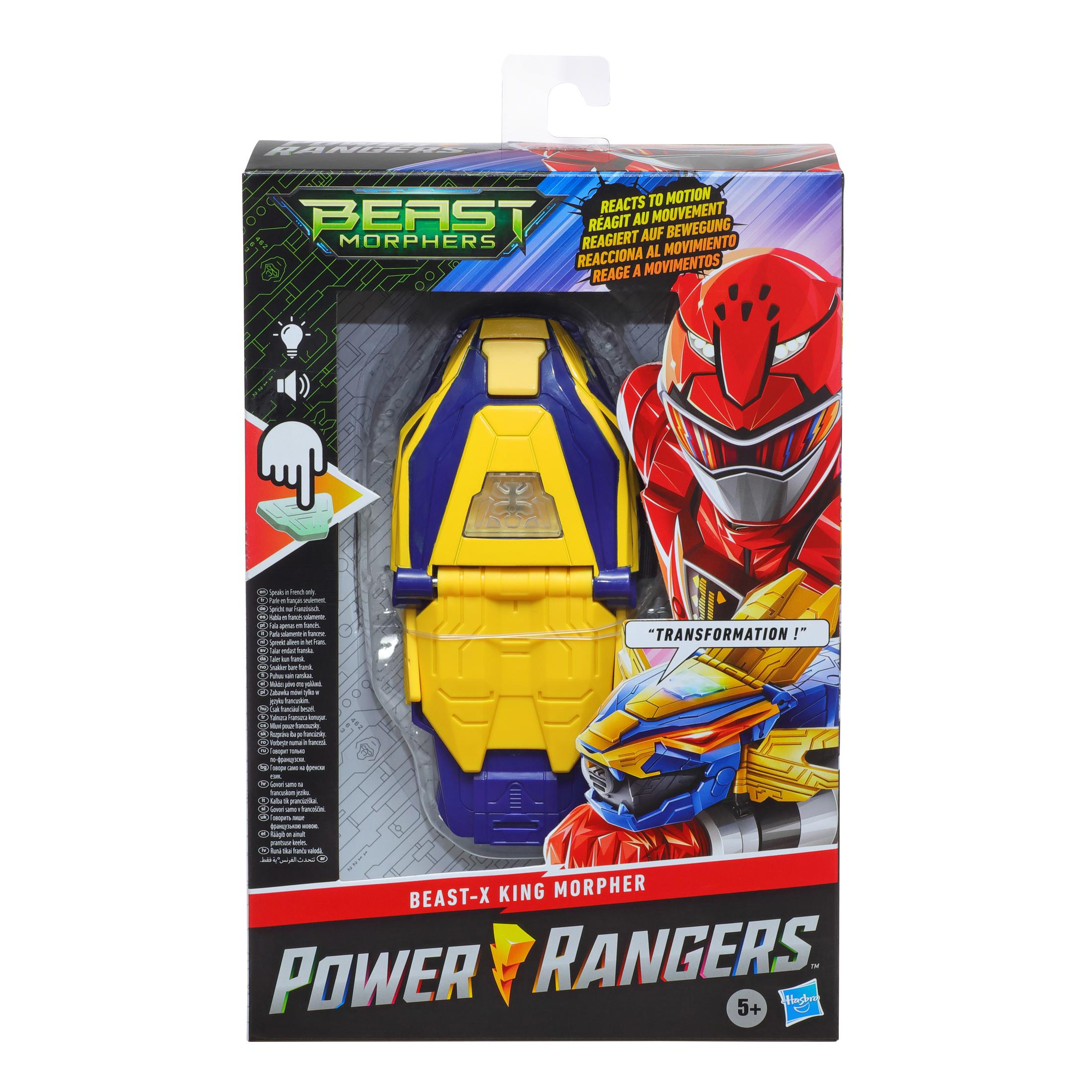 Pudełko z zabawkami Power Rangers Beast Morphers. Żółta i niebieska zabawka robota. Obrazek czerwonego i złotego Power Rangera.