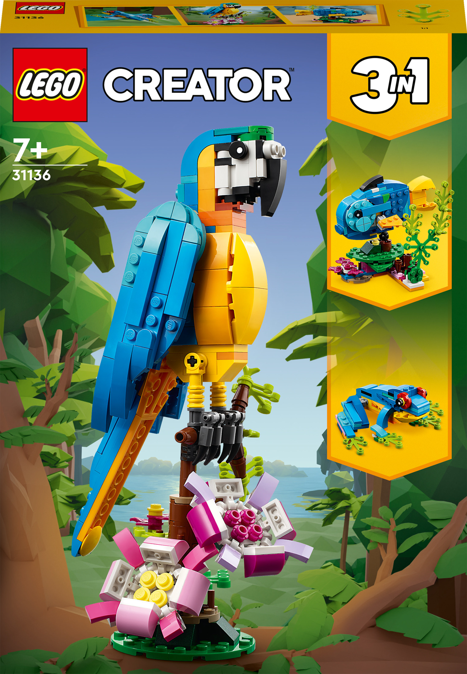 Pudełko Lego Creator z modelem papugi i dwoma mniejszymi modelami: rybą i żabą.