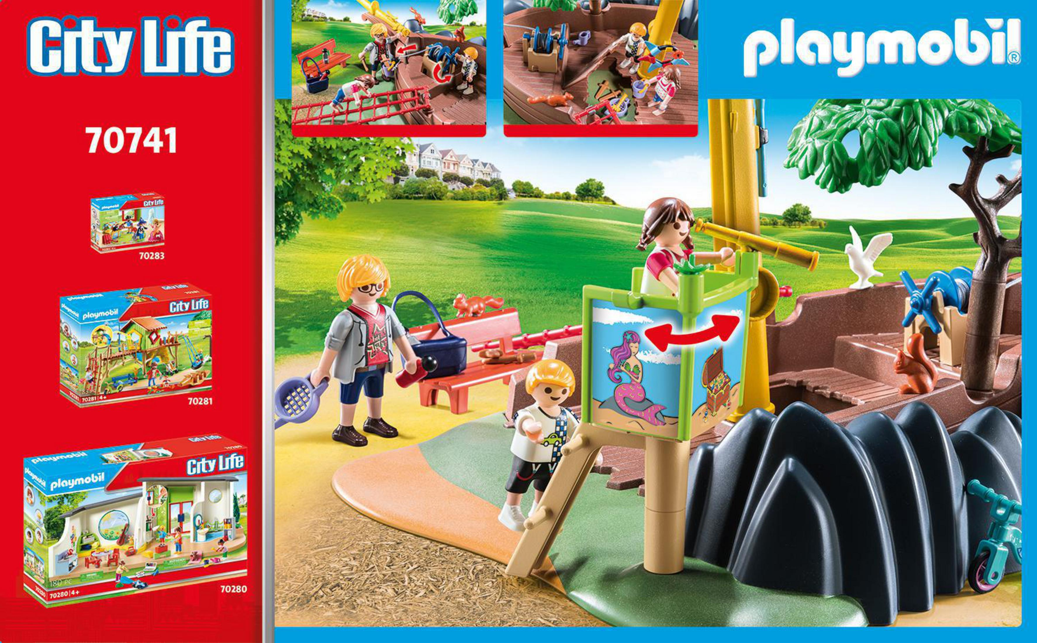 Playmobil-Set mit spielenden Kindern. Rote und weiße Box links. Spielszene rechts.