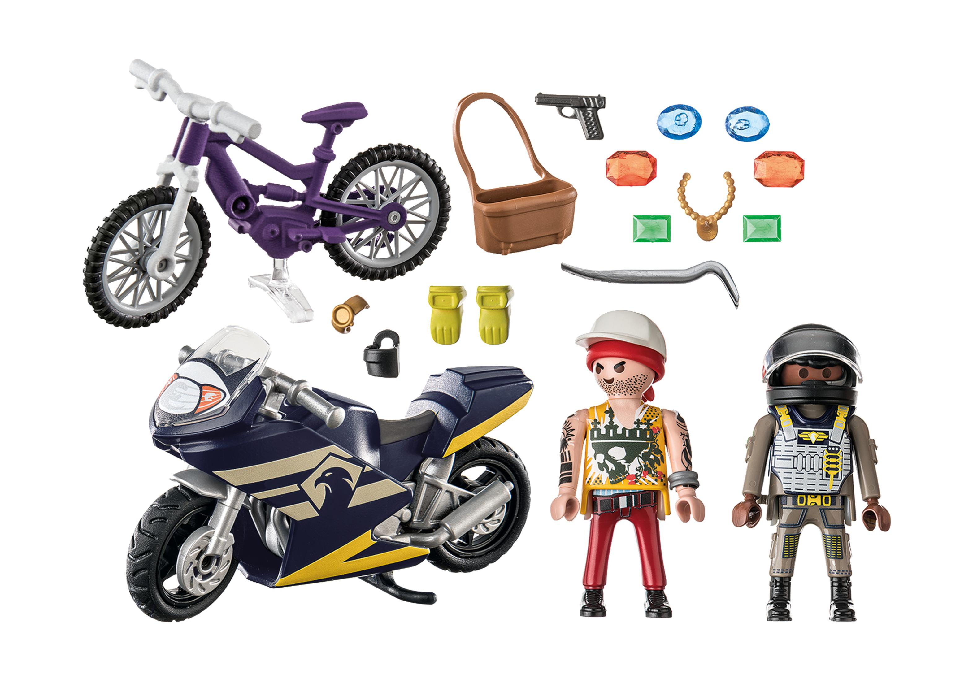 Spielzeugset mit einem lila Fahrrad, Motorrad, zwei Figuren, Waffen, Schmuck und anderem Zubehör.