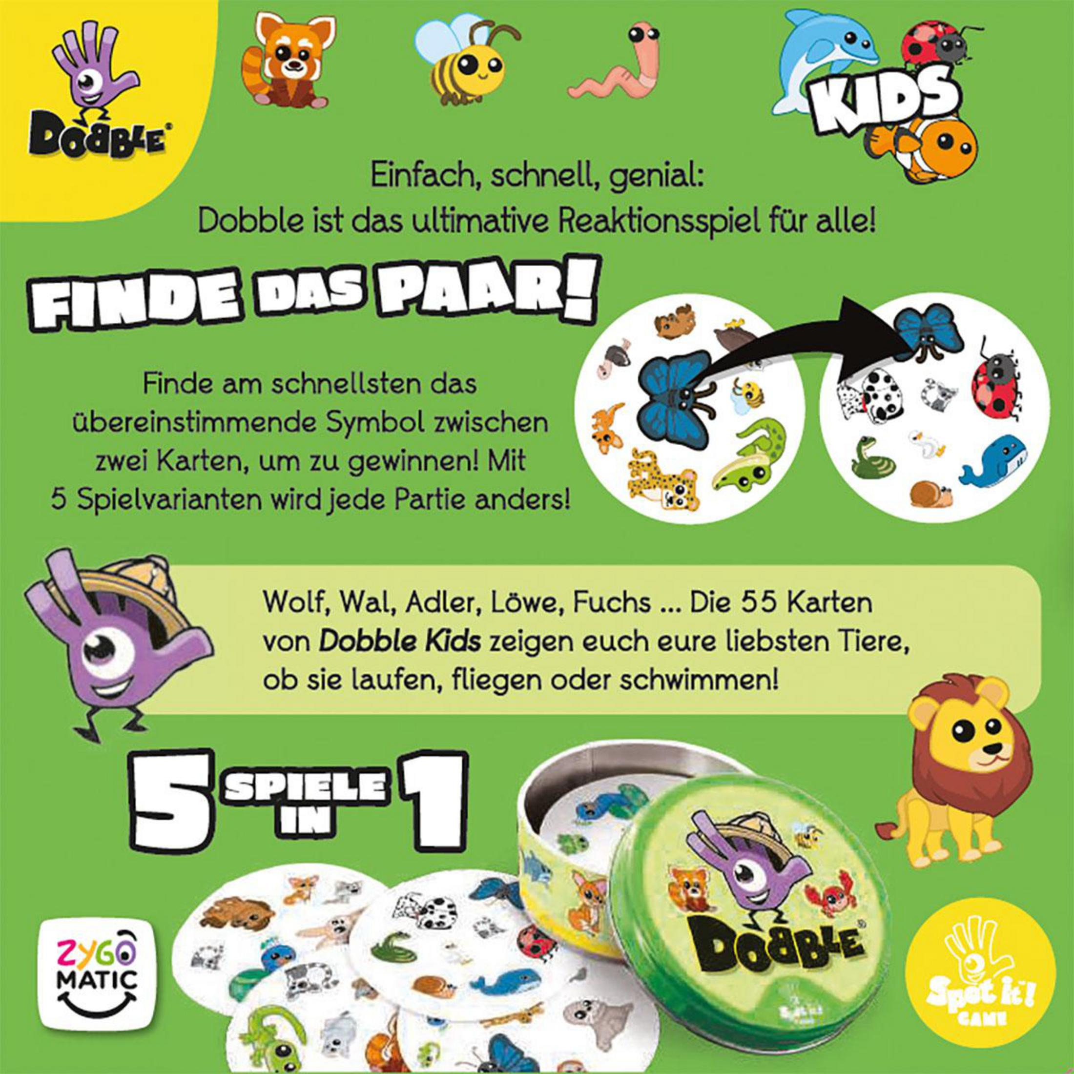 Dobble Kids Spielset mit Karten, die verschiedene Tiersymbole und das Logo des Spiels zeigen.