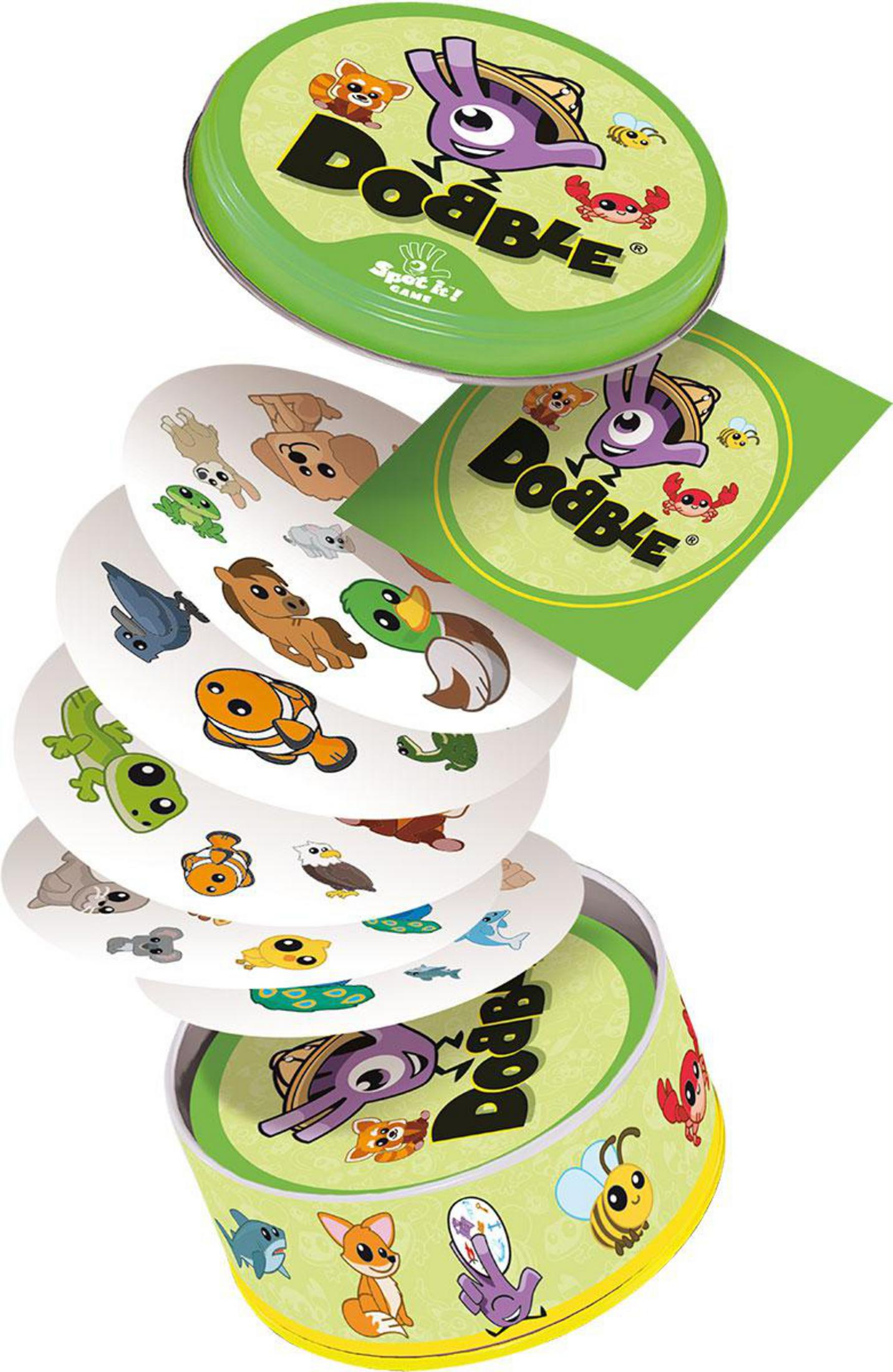 Ein Kartenspiel mit Karten und einer grünen Box. Die Karten zeigen Tierbilder.