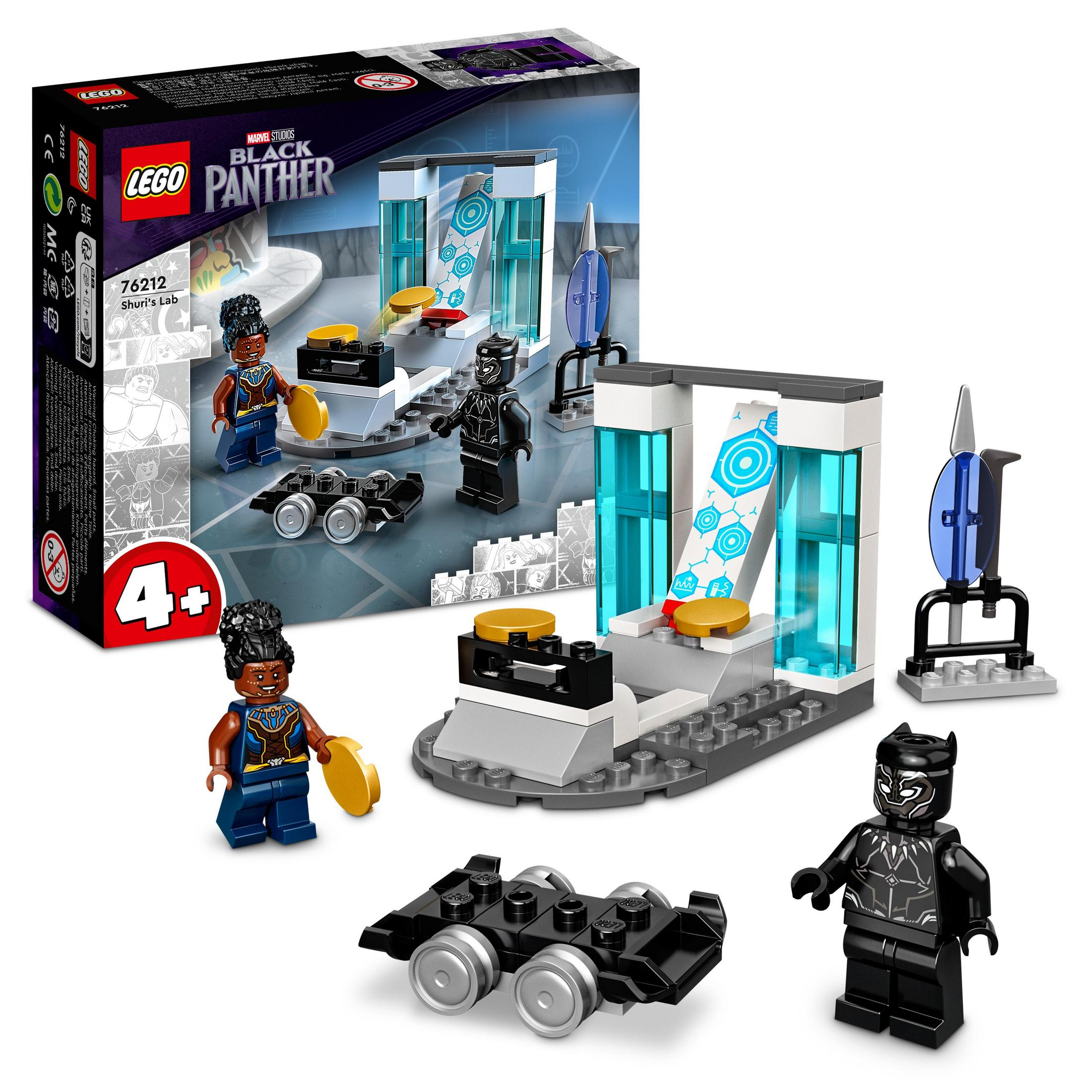 Zestaw Lego laboratorium Shuri z minifigurkami i akcesoriami. Widoczne figurki Black Panther i stacja laboratoryjna.