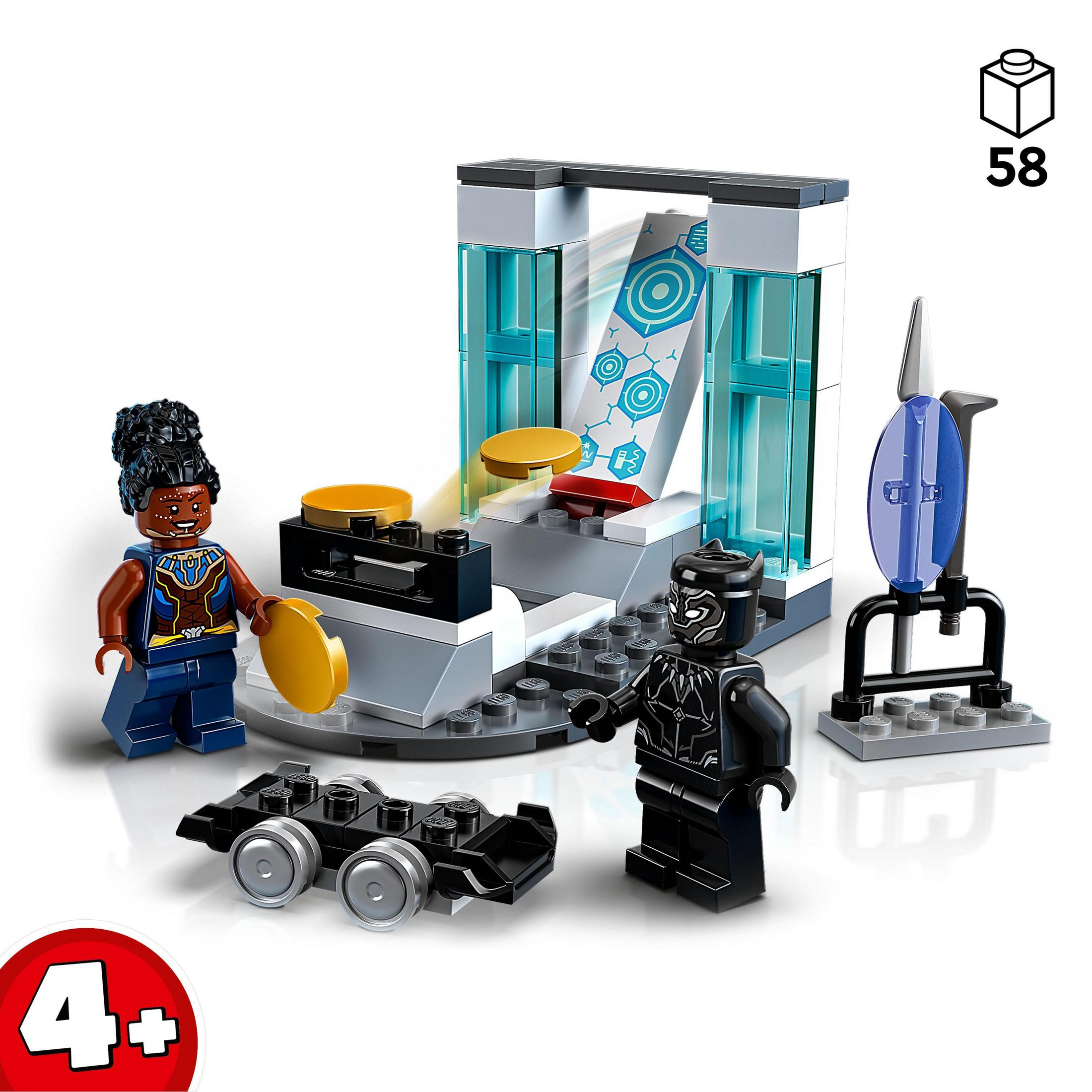 Zestaw Lego z figurkami Black Panther, elementem i akcesoriami.