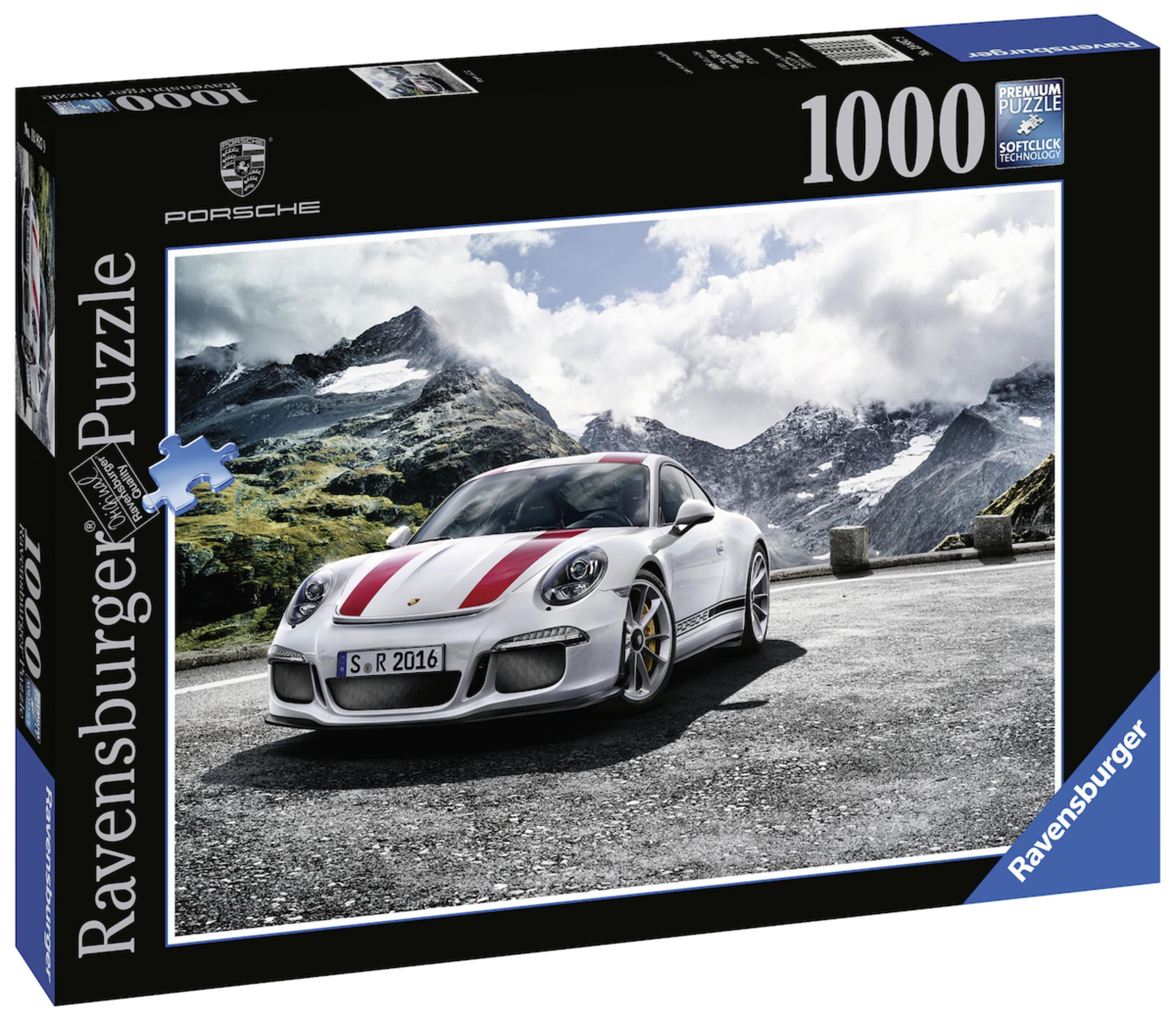 Porsche puzzeldoos met een witte sportwagen op een weg.