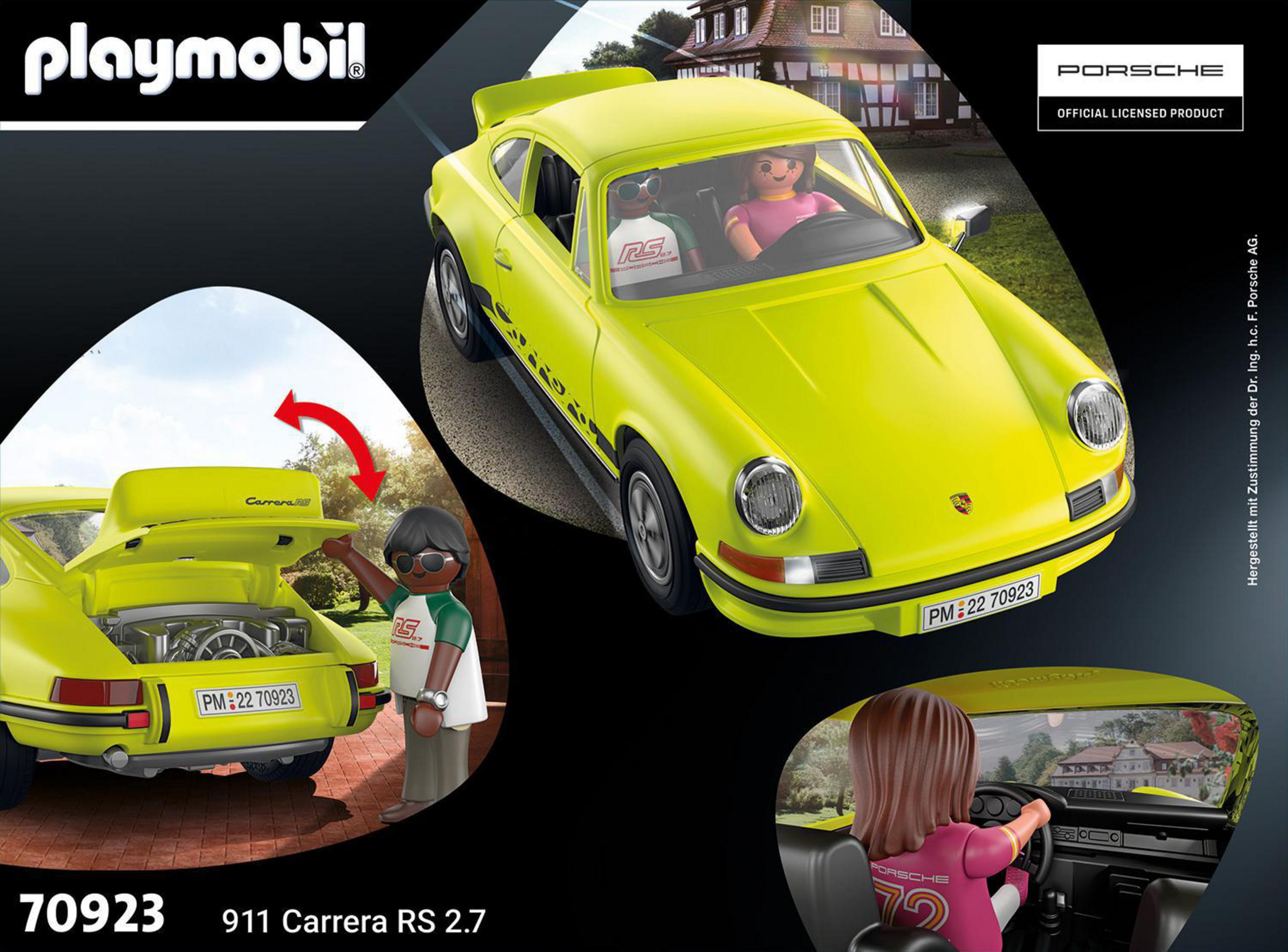 Ein Playmobil Porsche 911 Carrera RS 2.7 Spielzeugauto mit Figuren, einschließlich geöffneter Motorhaube und Innenraum.