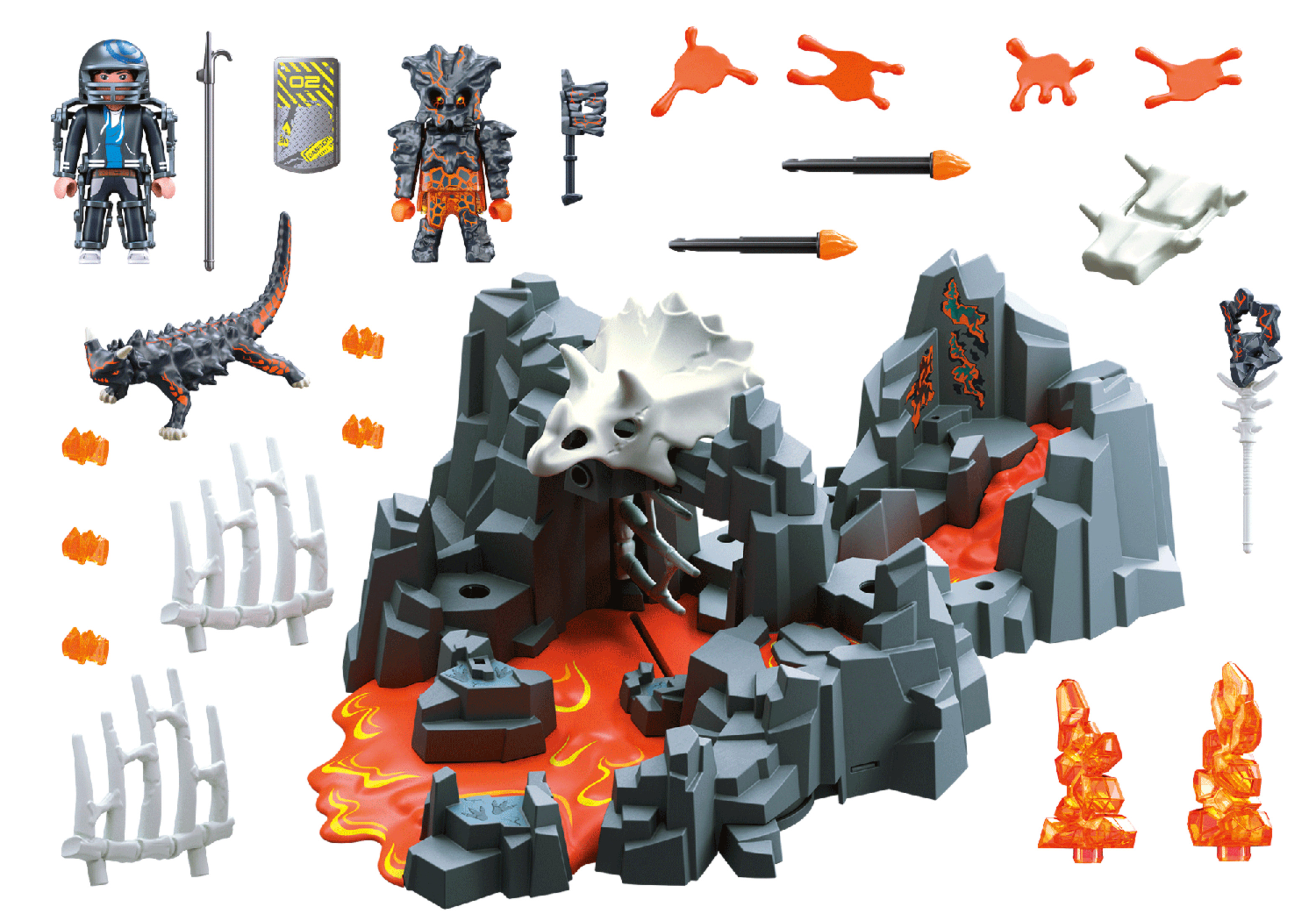 Ein Playmobil-Spielset mit Vulkan, Figuren und Zubehör, vor weißem Hintergrund.