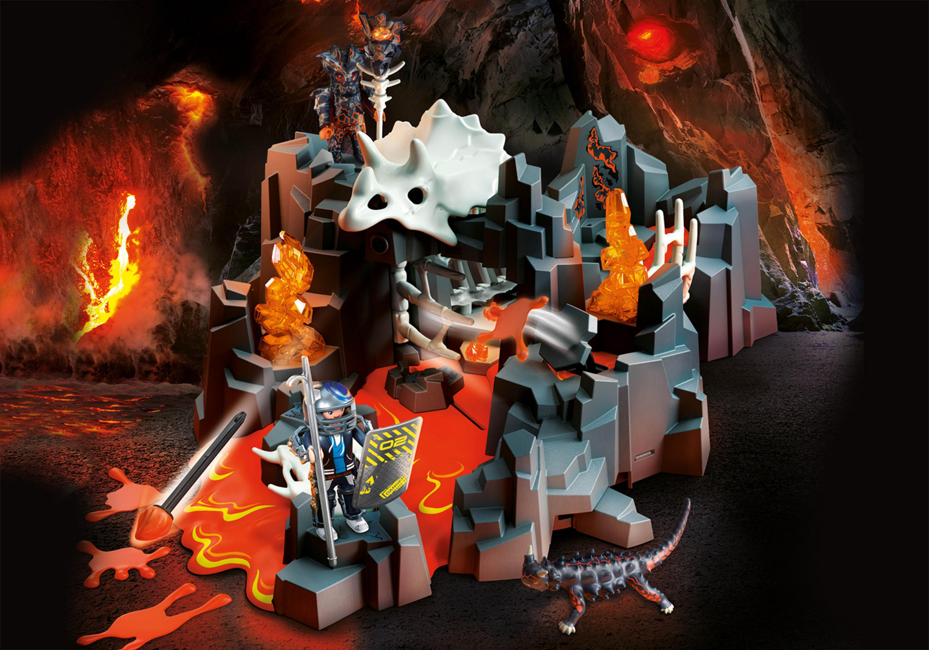 Ein Playmobil-Set mit Ritter, Dinosaurier und Lava-Szene. Enthält Schädel und Feuerelemente.
