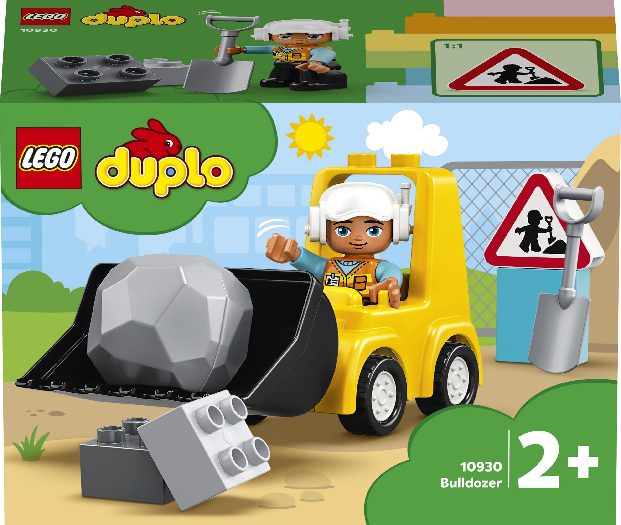 Giocattolo Lego Duplo bulldozer. Bulldozer giallo con un operaio. Blocco grigio.
