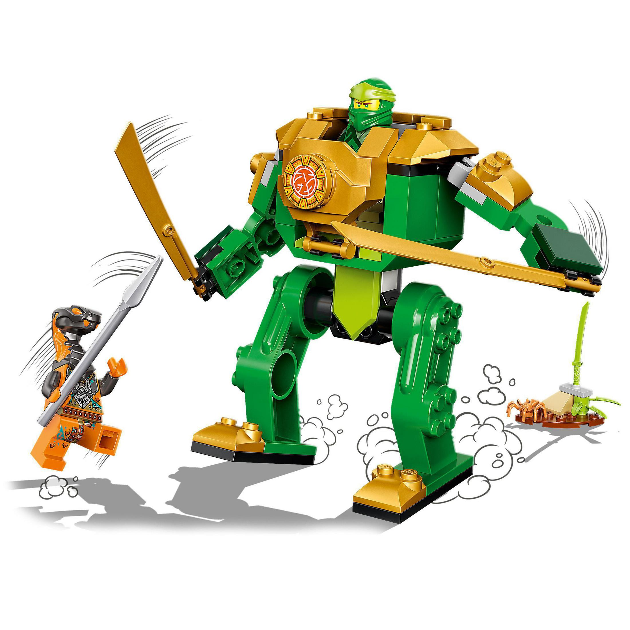 Set de Lego Ninjago con un robot verde luchando contra un ninja, con otras figuras y elementos de Lego.