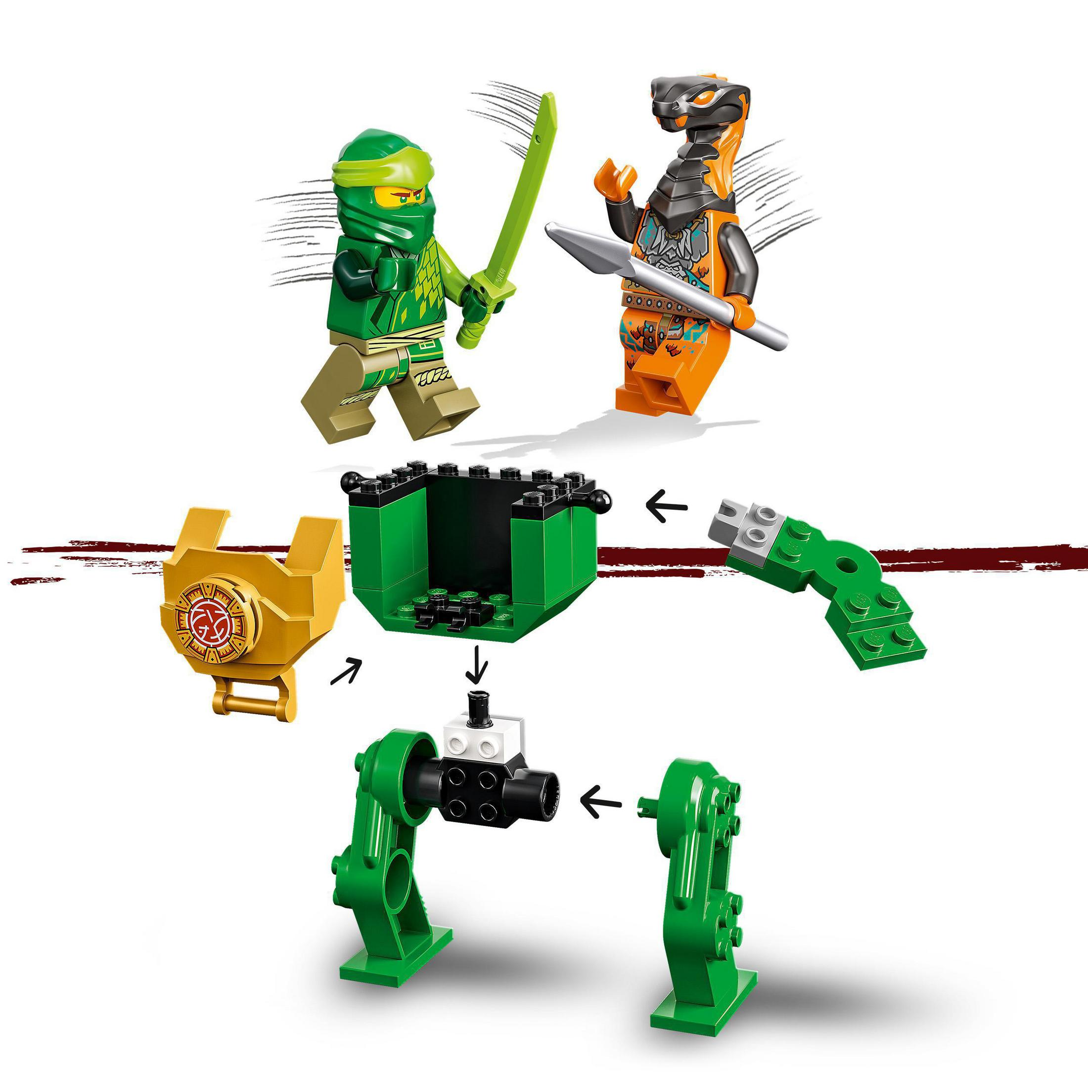 Set Lego Ninjago mostrando figuras de ninja y componentes de construcción, una escena de batalla.