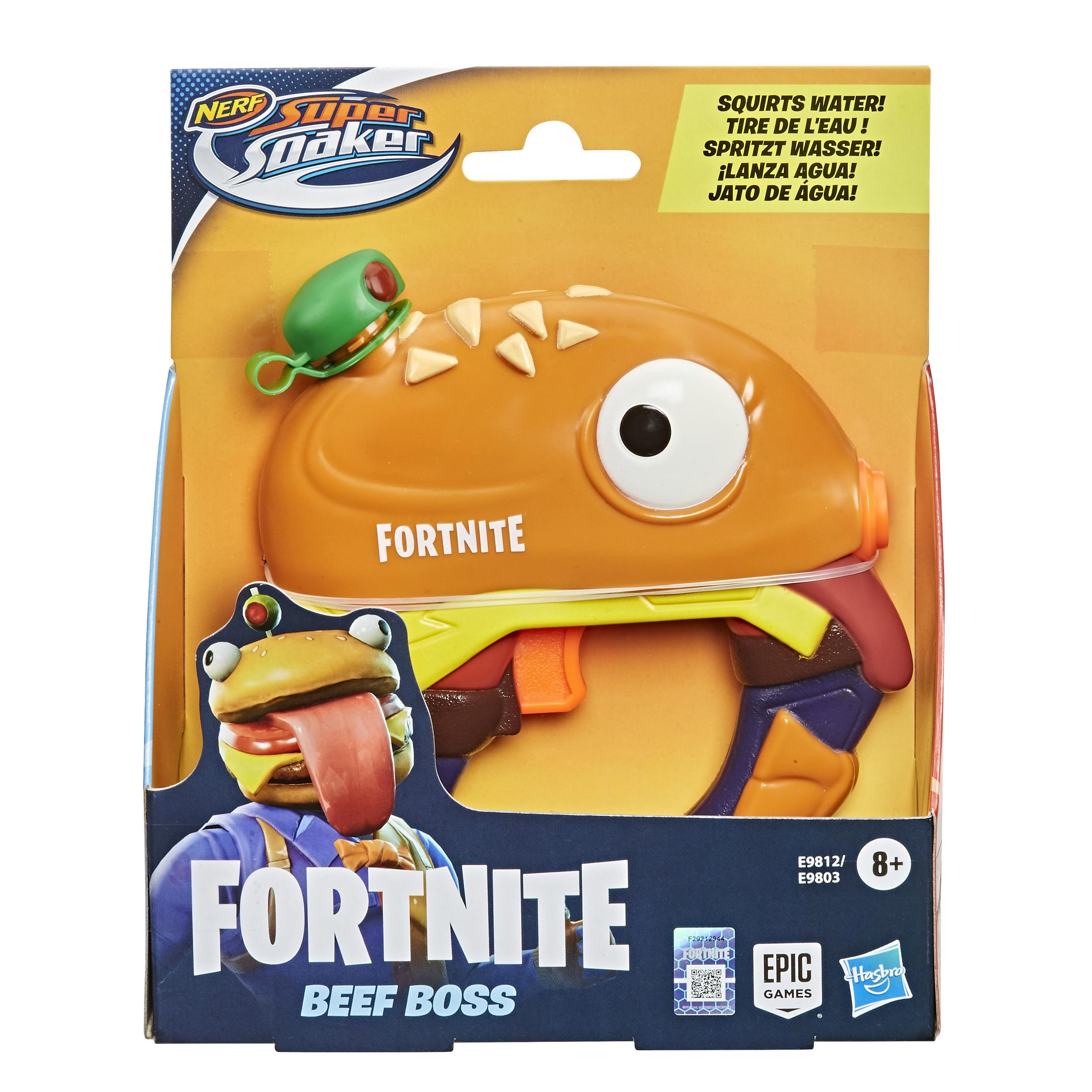 Zabawka pistolet na wodę Fortnite Beef Boss w opakowaniu. Opakowanie zawiera logo Fortnite.