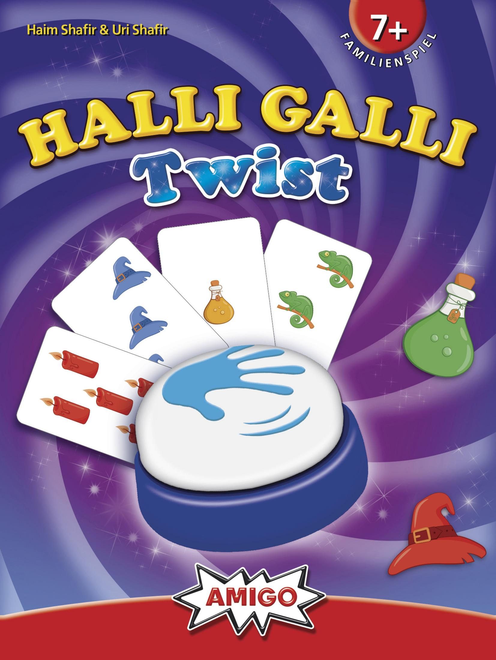 Halli Galli Twist Kartenspielbox, mit Karten und einem blauen, handförmigen Knopf.