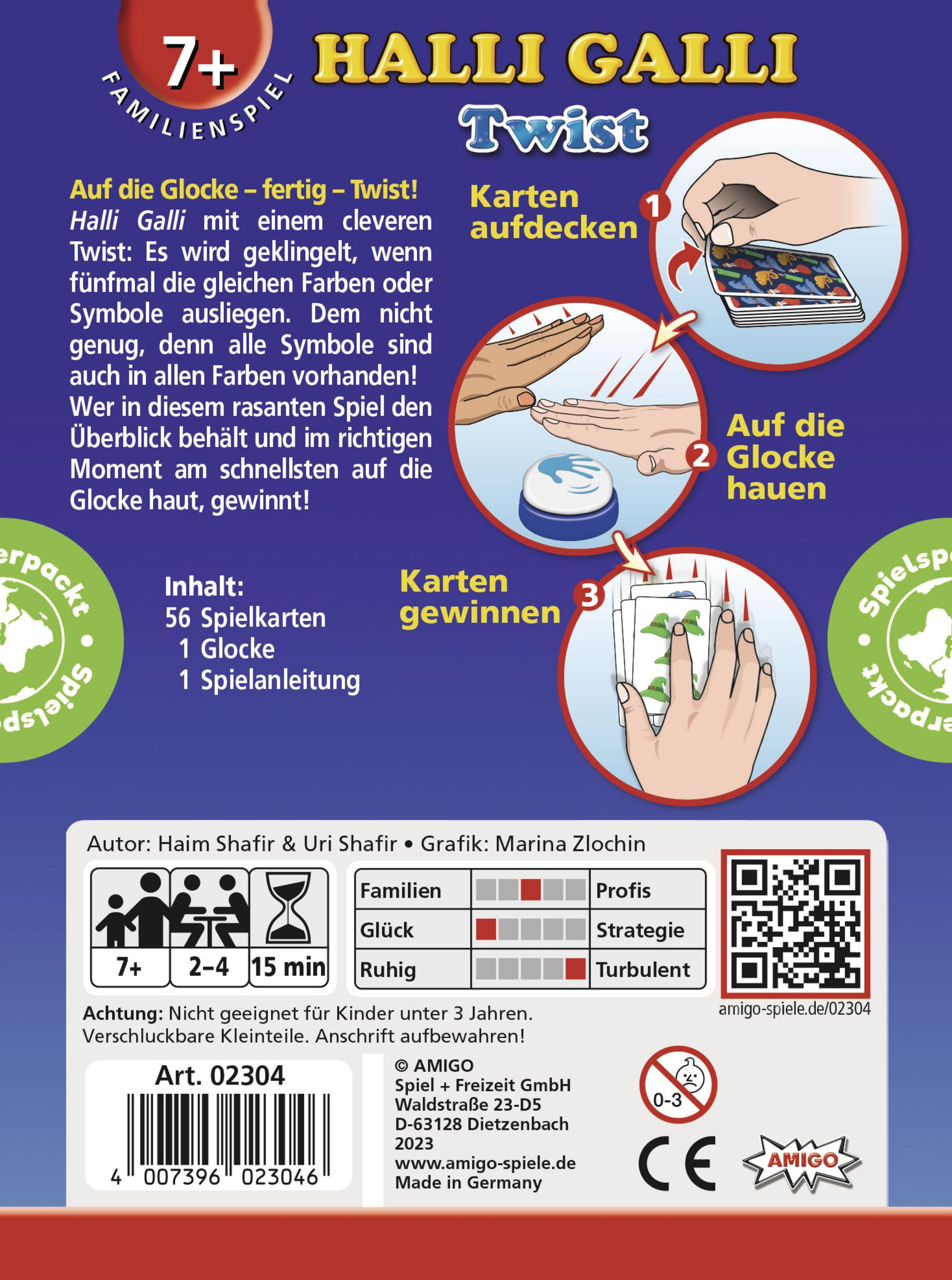 Kartenspielbox mit Halli Galli Twist, mit Spielkomponenten und Anweisungen.